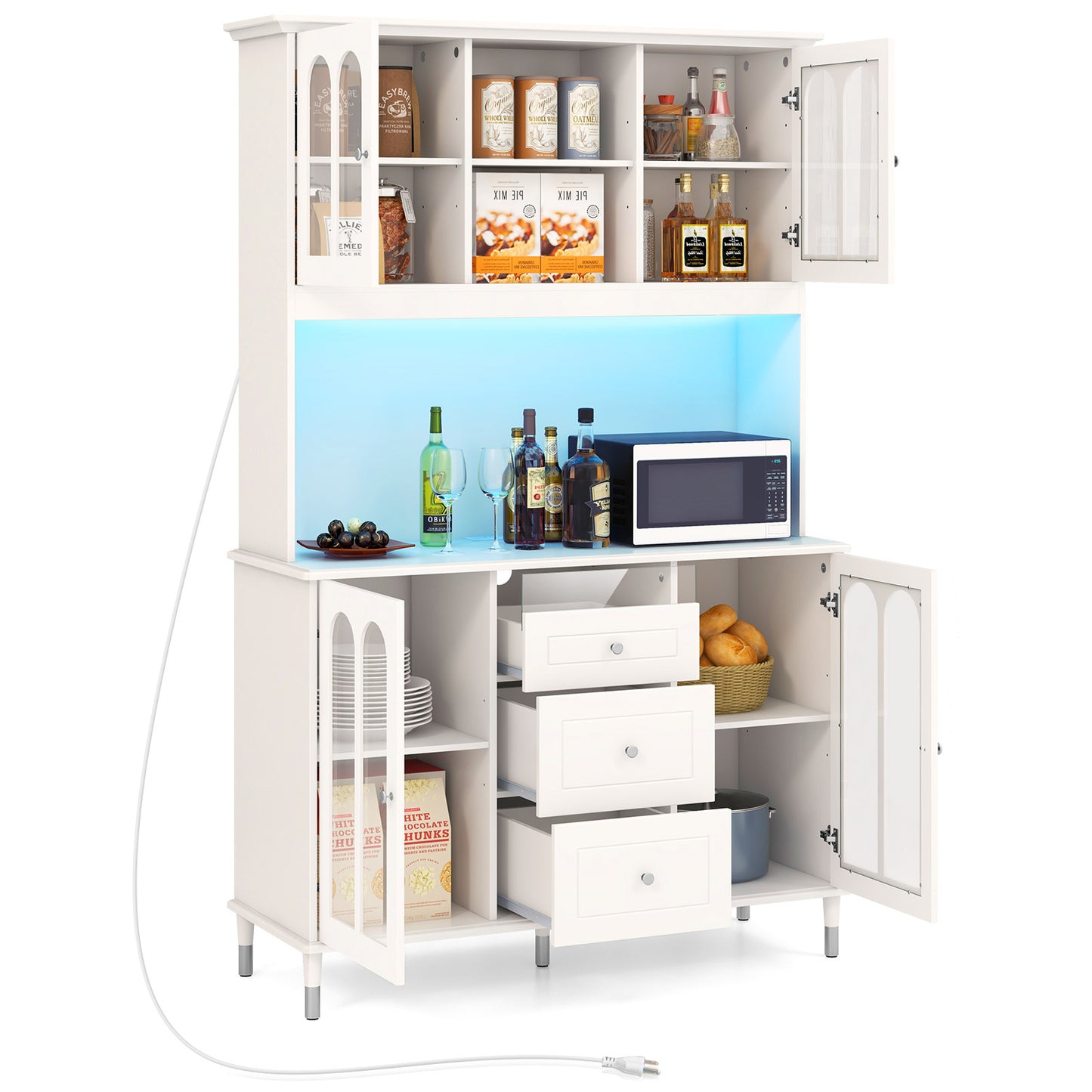 Kitchen Buffet Hutch with RGB LED Lights Built-in Power Station and Storage 73 Inch