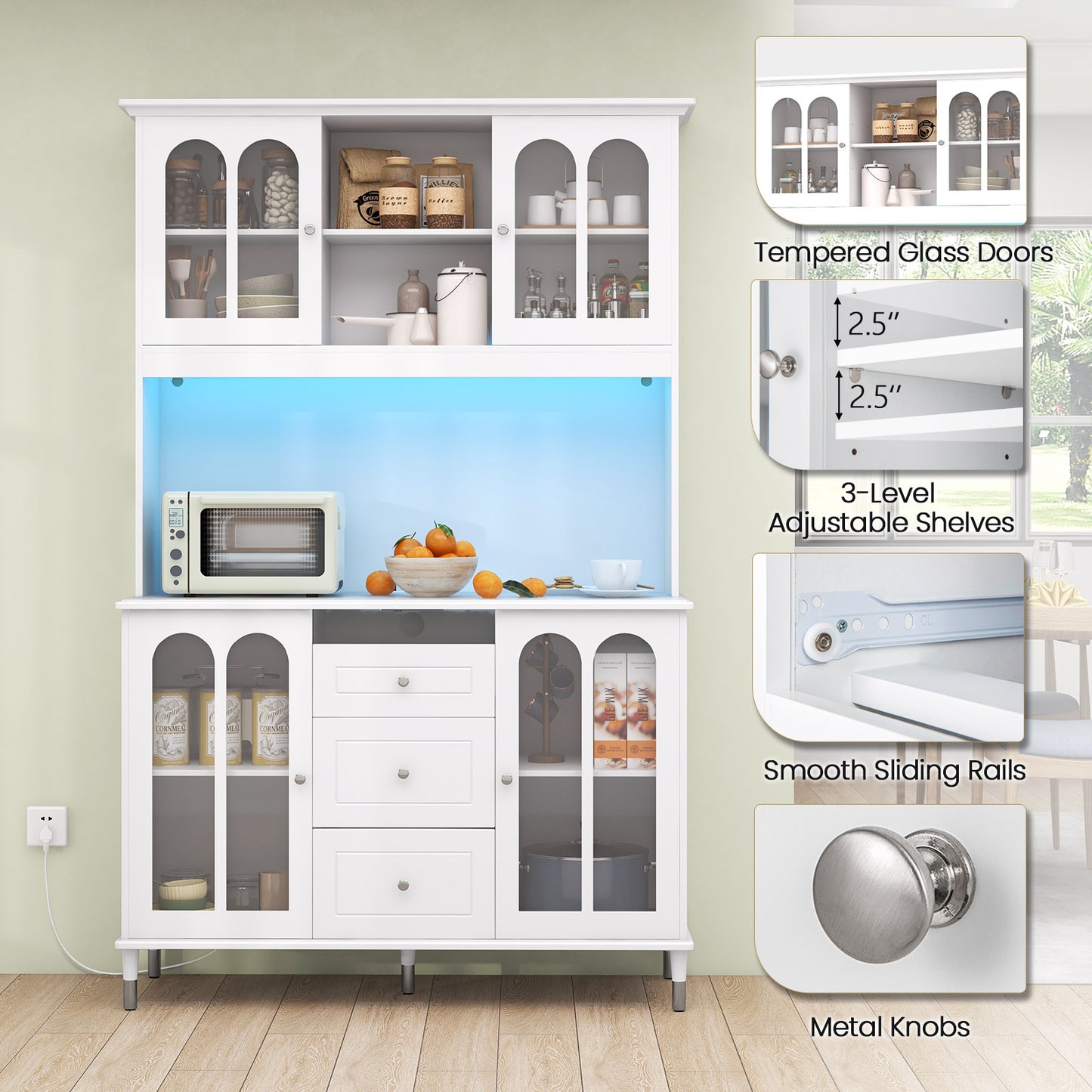 Kitchen Buffet Hutch with RGB LED Lights Built-in Power Station and Storage 73 Inch