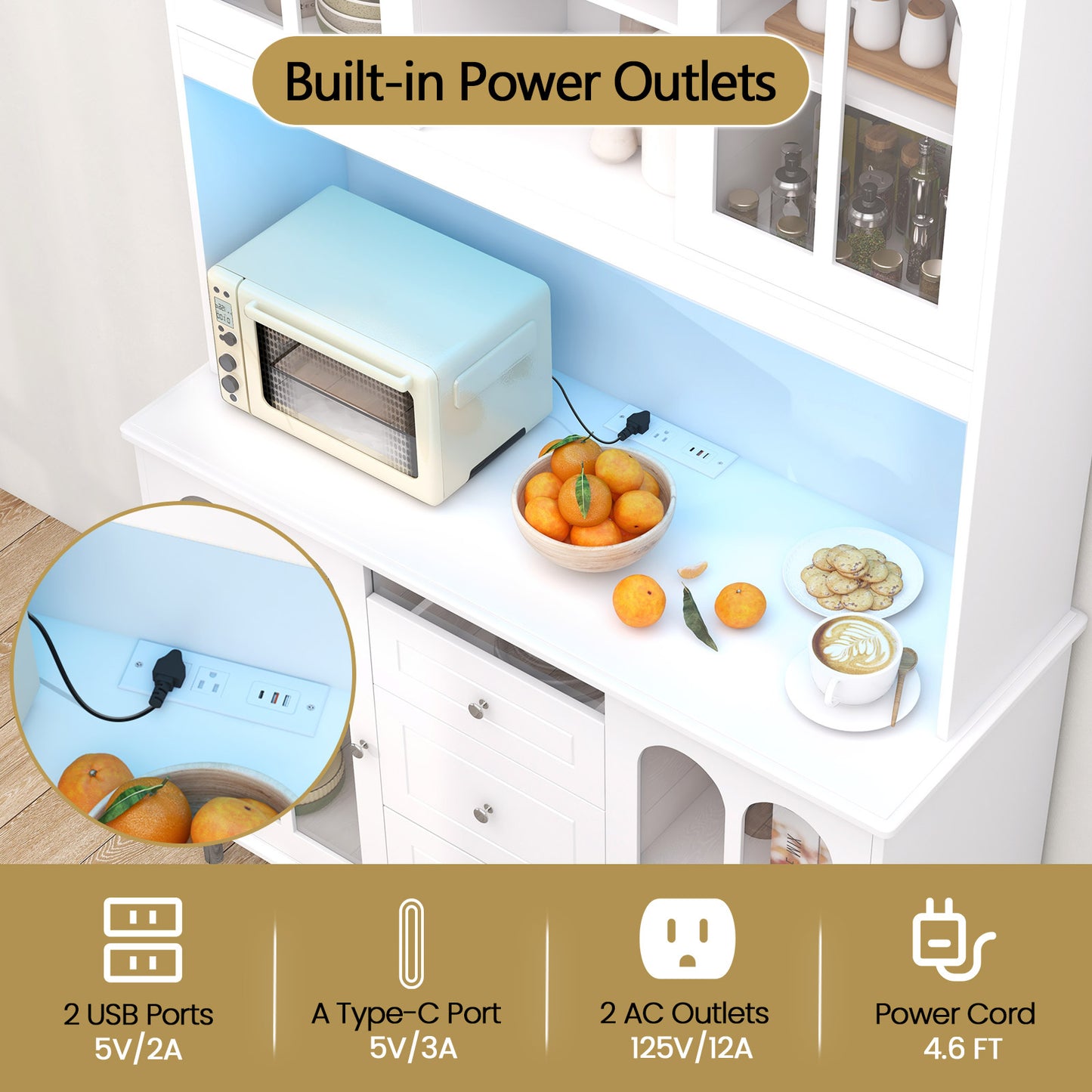 Kitchen Buffet Hutch with RGB LED Lights Built-in Power Station and Storage 73 Inch