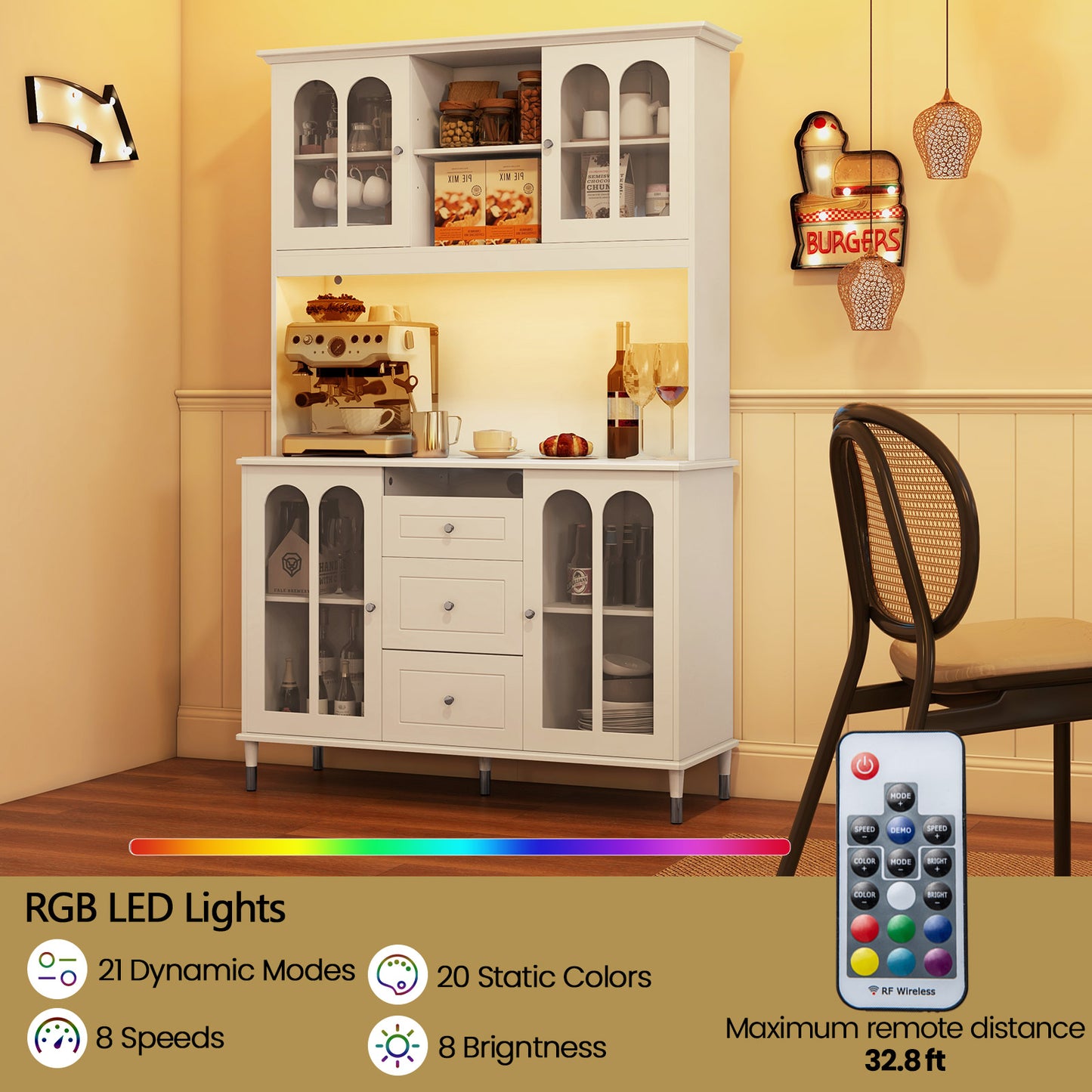 Kitchen Buffet Hutch with RGB LED Lights Built-in Power Station and Storage 73 Inch