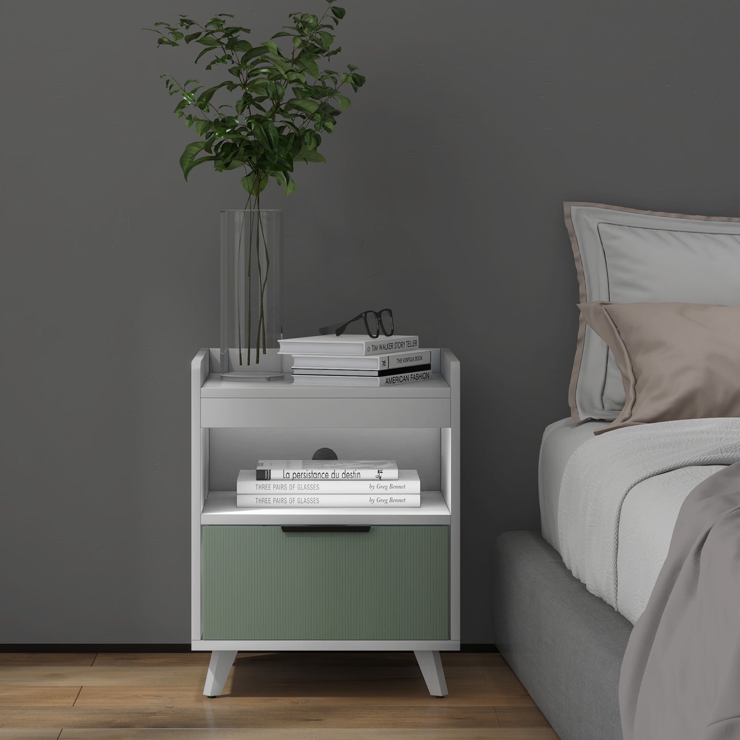 Modern LED Nightstand with Drawer, Open Shelf, Remote Control Lighting, and Cable Management