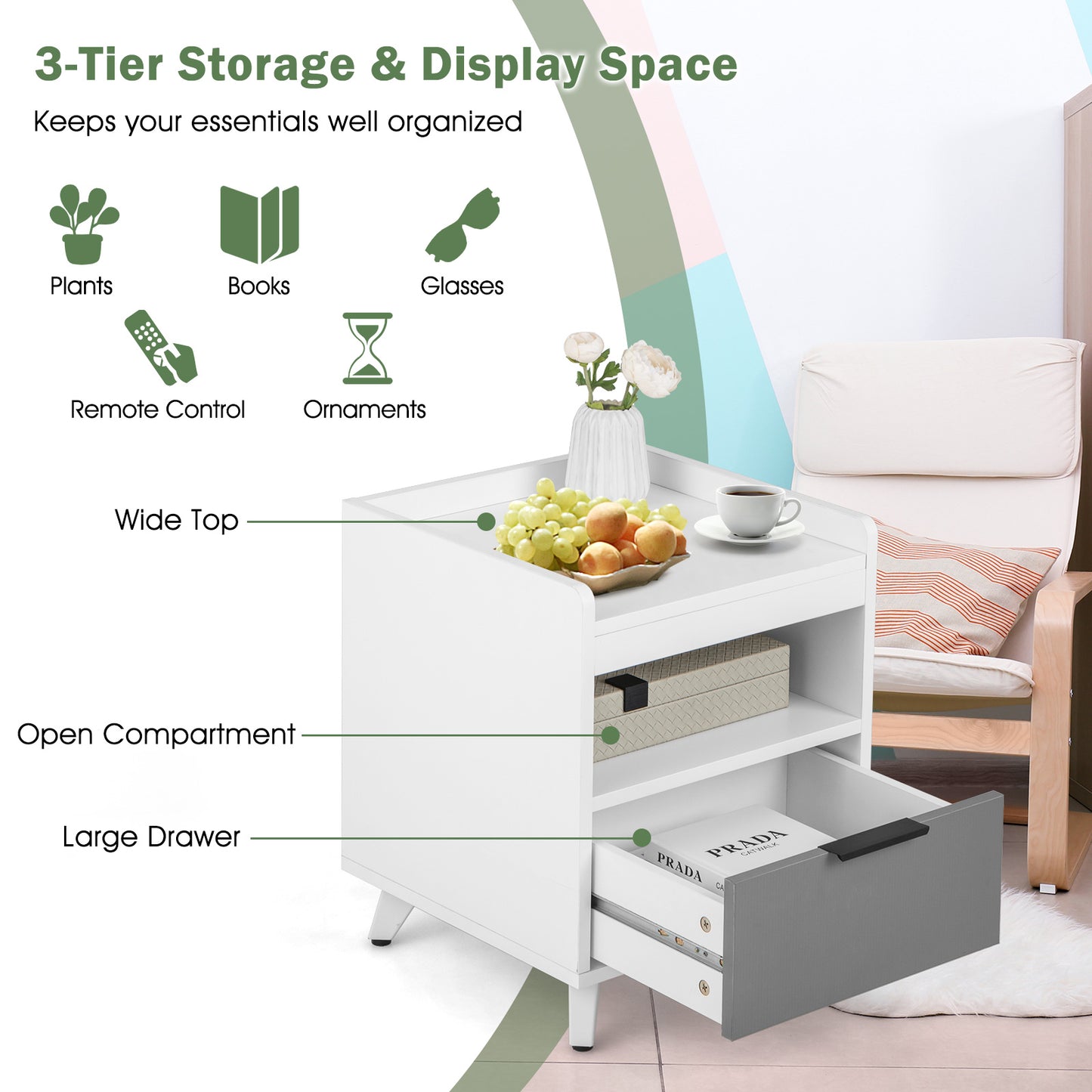 Modern LED Nightstand with Drawer, Open Shelf, Remote Control Lighting, and Cable Management