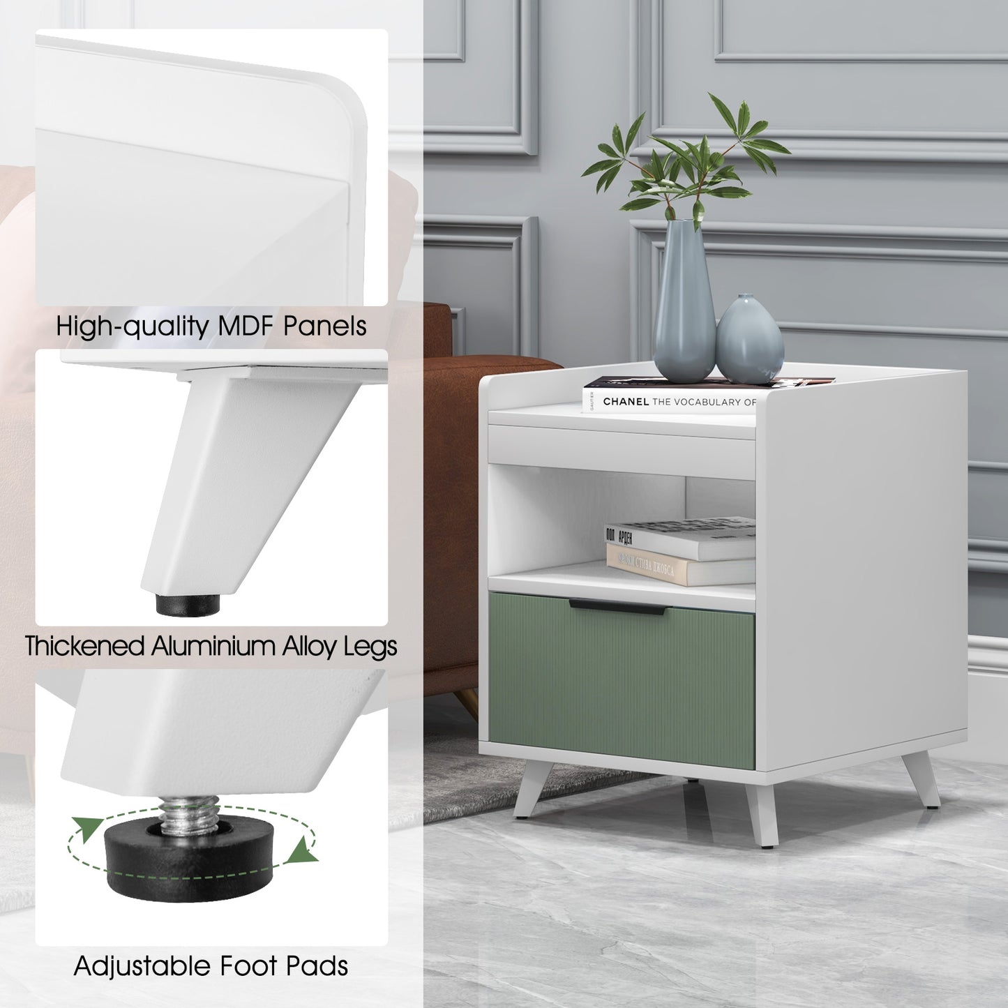 Modern LED Nightstand with Drawer, Open Shelf, Remote Control Lighting, and Cable Management