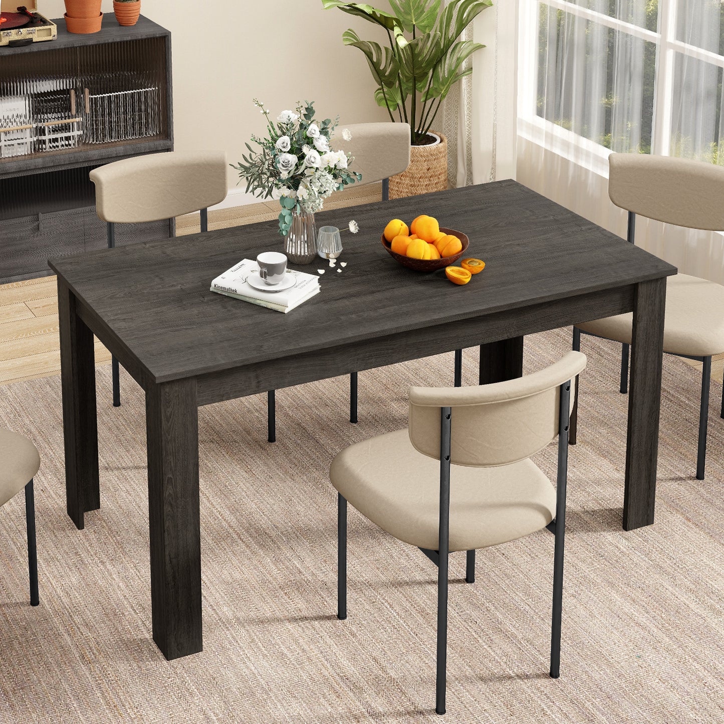Modern 63 Inch Rectangular Dining Table with Grey Engineered Wood Top