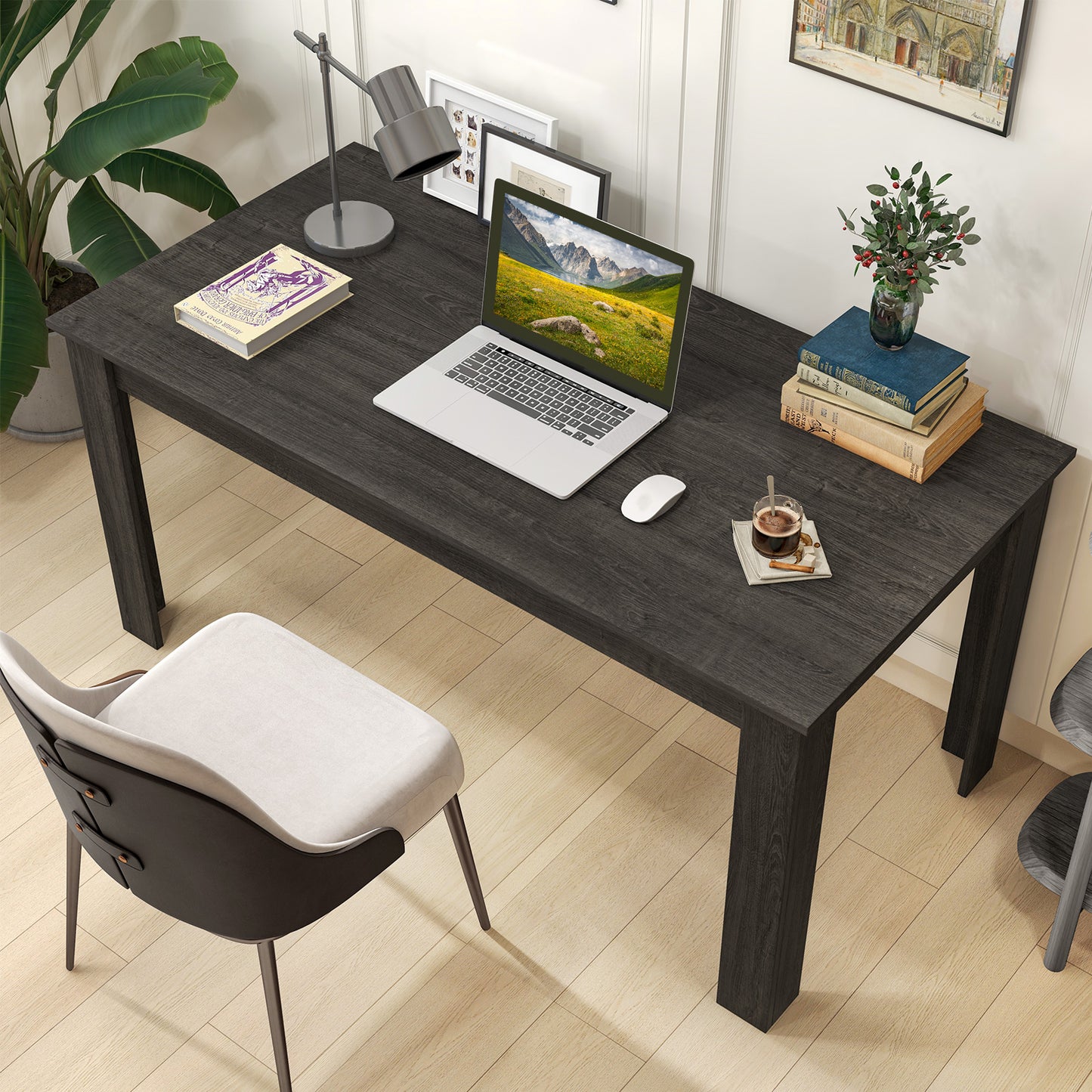 Modern 63 Inch Rectangular Dining Table with Grey Engineered Wood Top