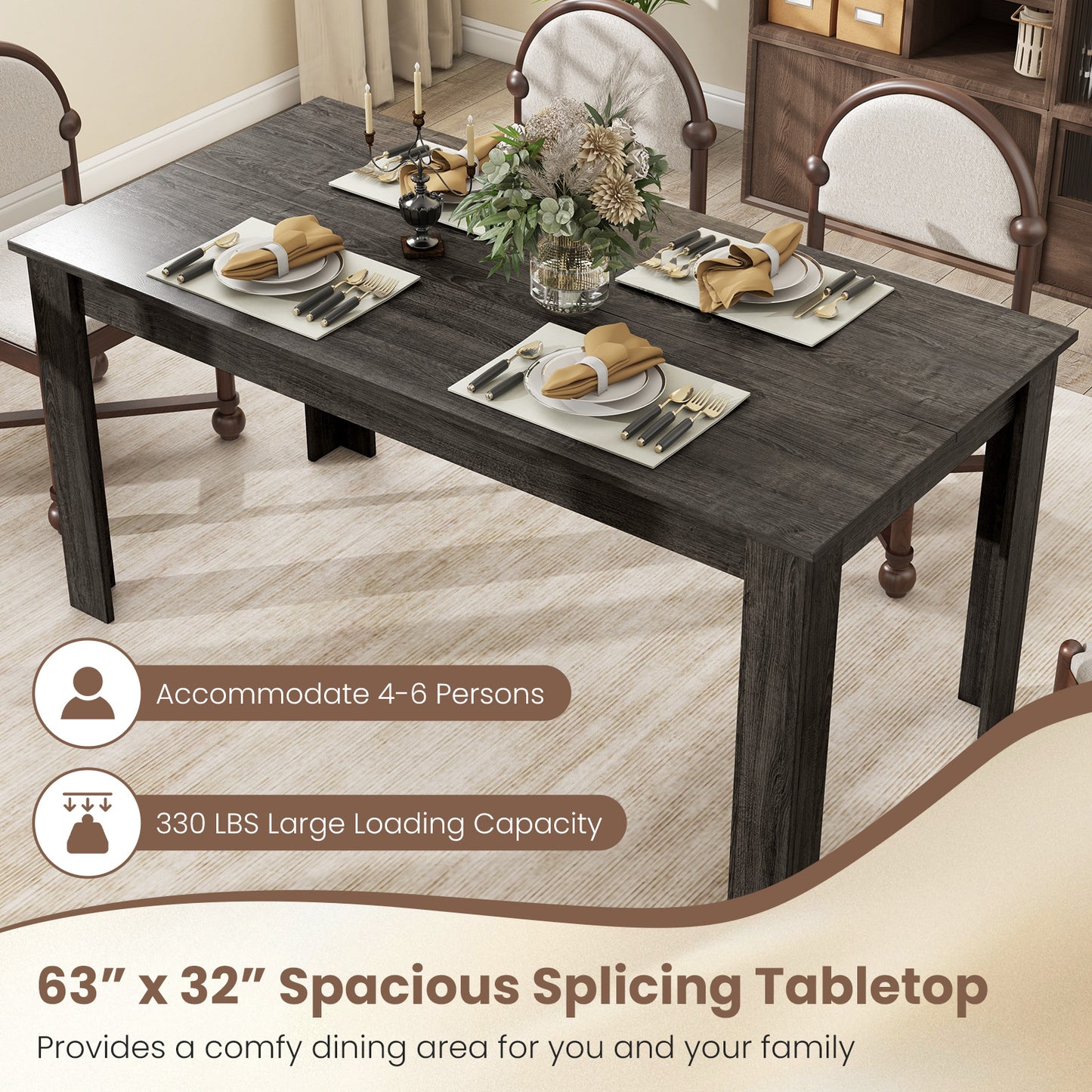 Modern 63 Inch Rectangular Dining Table with Grey Engineered Wood Top