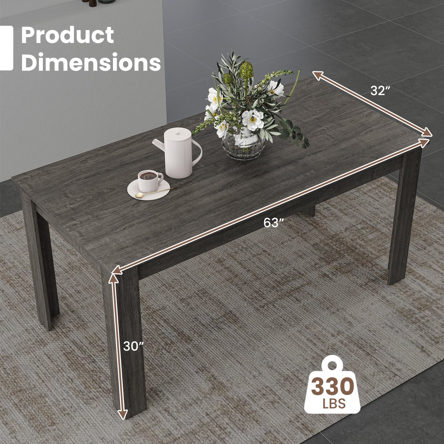 Modern 63 Inch Rectangular Dining Table with Grey Engineered Wood Top