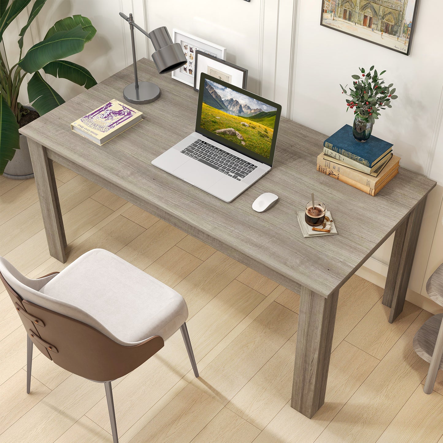 Modern 63 Inch Rectangular Dining Table with Light Grey Engineered Wood Top