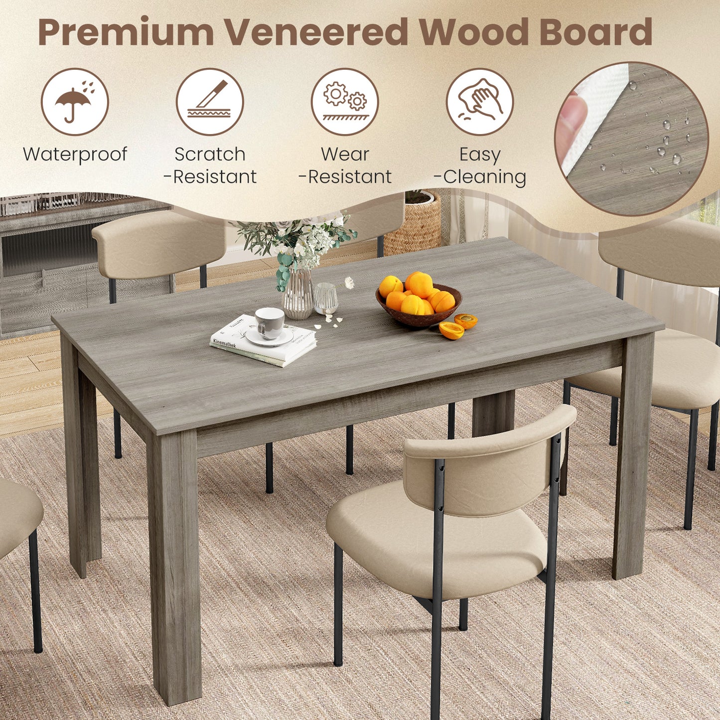 Modern 63 Inch Rectangular Dining Table with Light Grey Engineered Wood Top