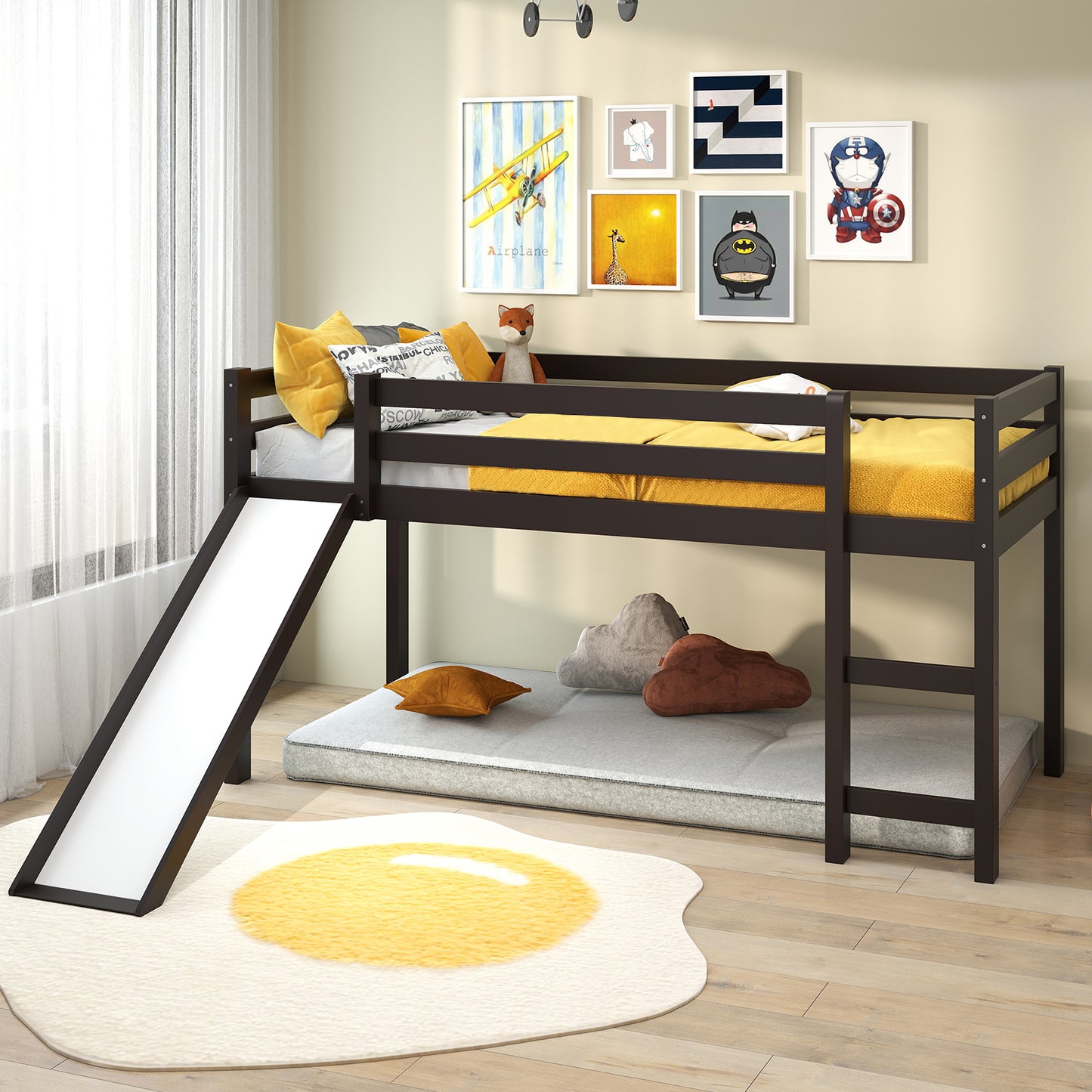 Sturdy Twin Size Wooden Loft Bed with Slide - Dark Brown