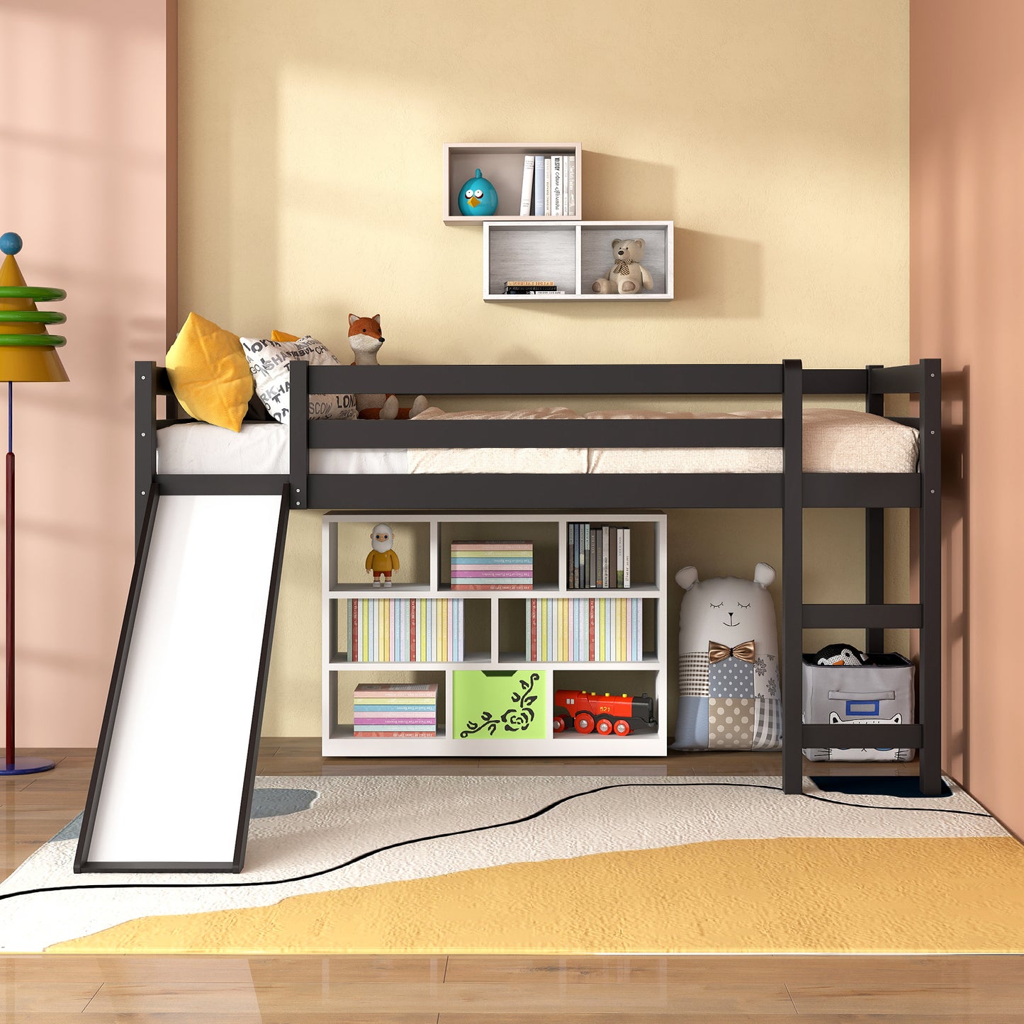 Sturdy Twin Size Wooden Loft Bed with Slide - Dark Brown