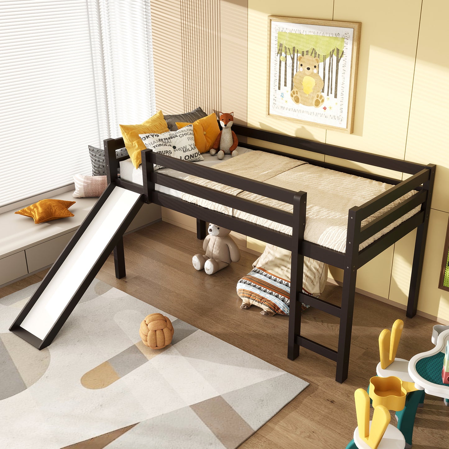 Sturdy Twin Size Wooden Loft Bed with Slide - Dark Brown