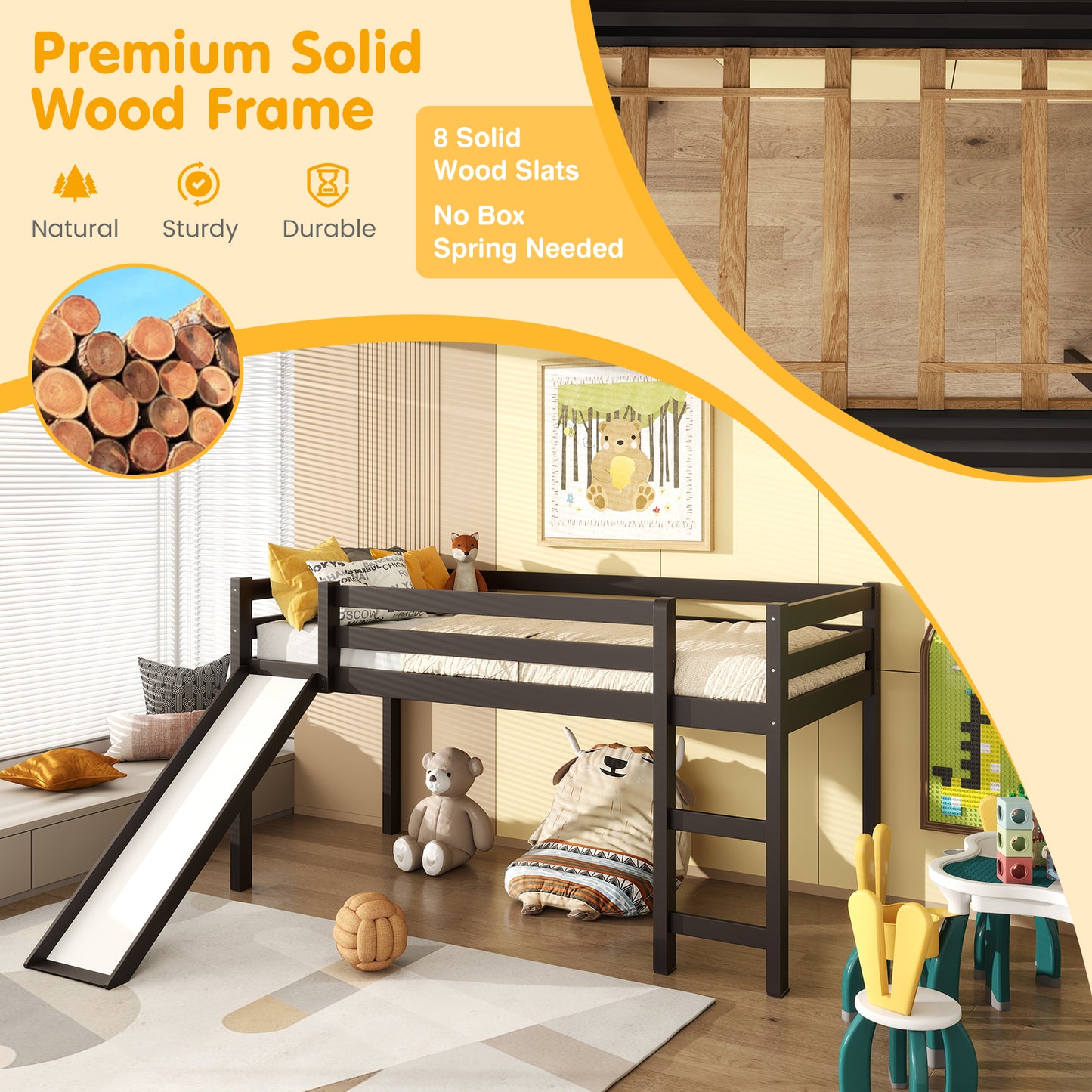 Sturdy Twin Size Wooden Loft Bed with Slide - Dark Brown