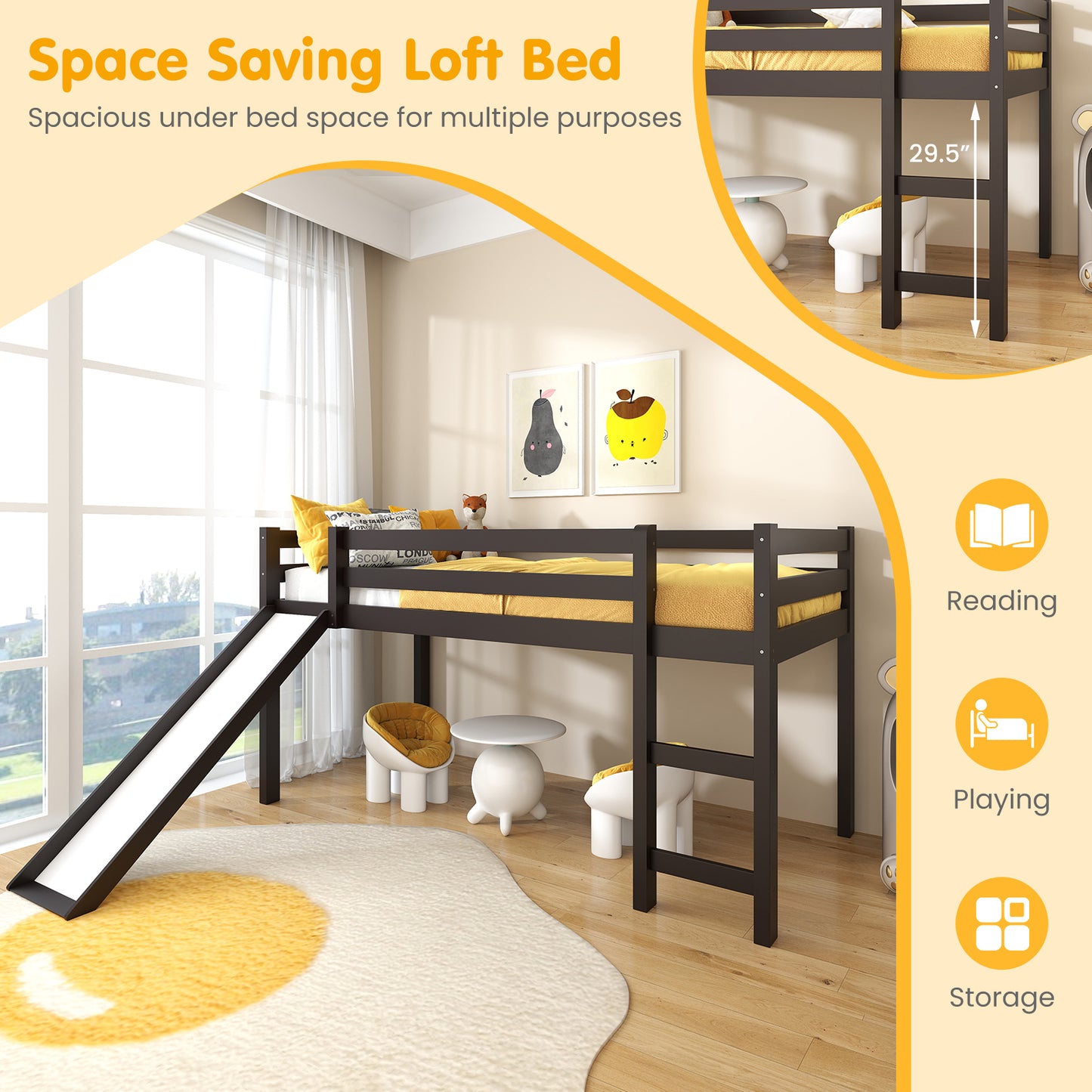 Sturdy Twin Size Wooden Loft Bed with Slide - Dark Brown