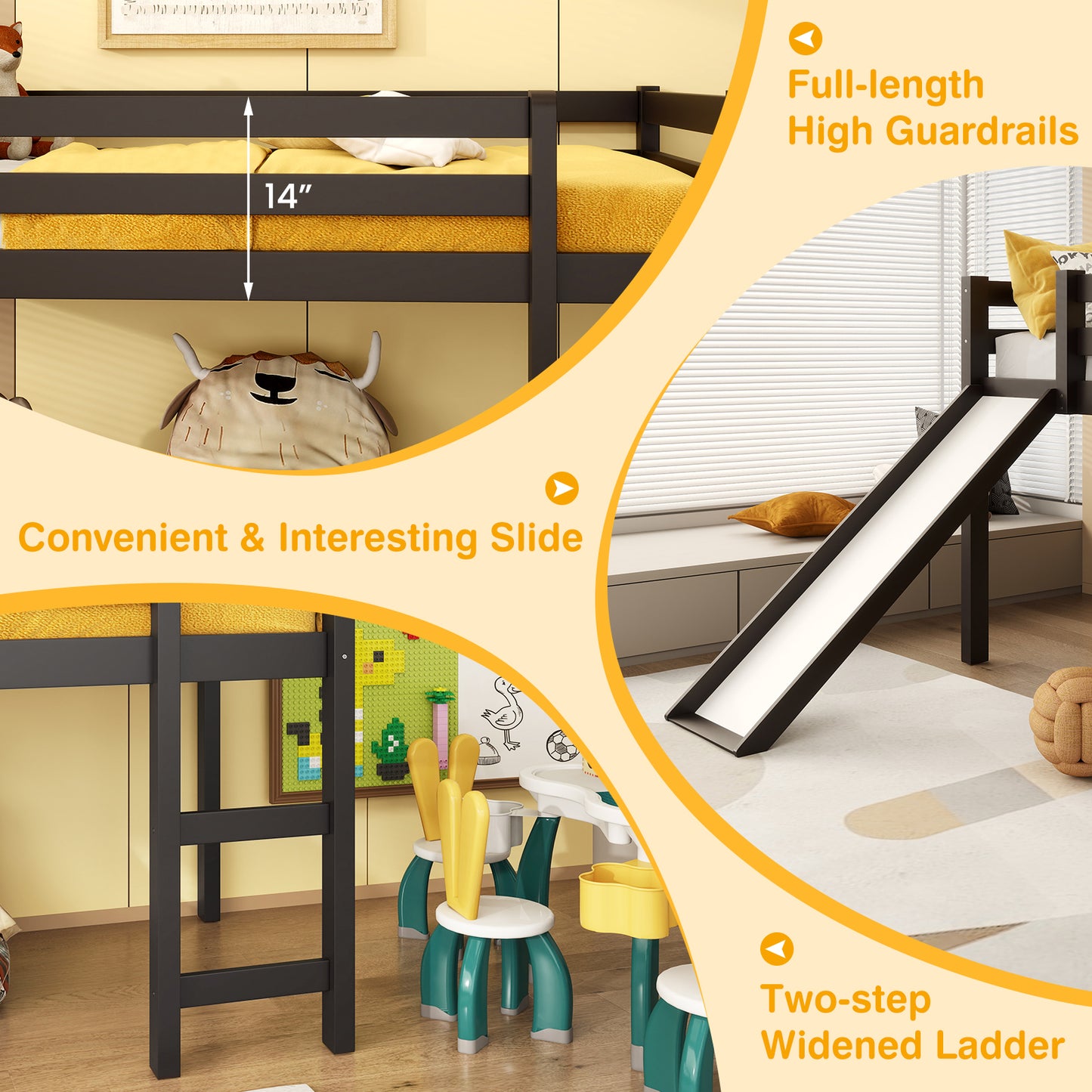 Sturdy Twin Size Wooden Loft Bed with Slide - Dark Brown