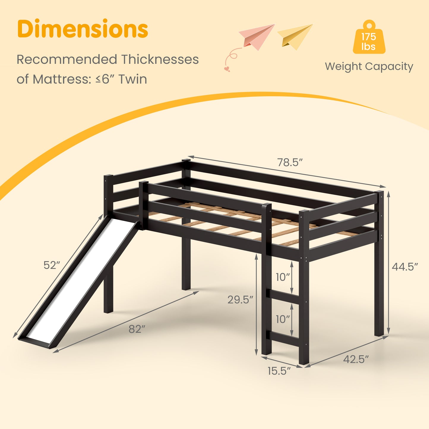 Sturdy Twin Size Wooden Loft Bed with Slide - Dark Brown