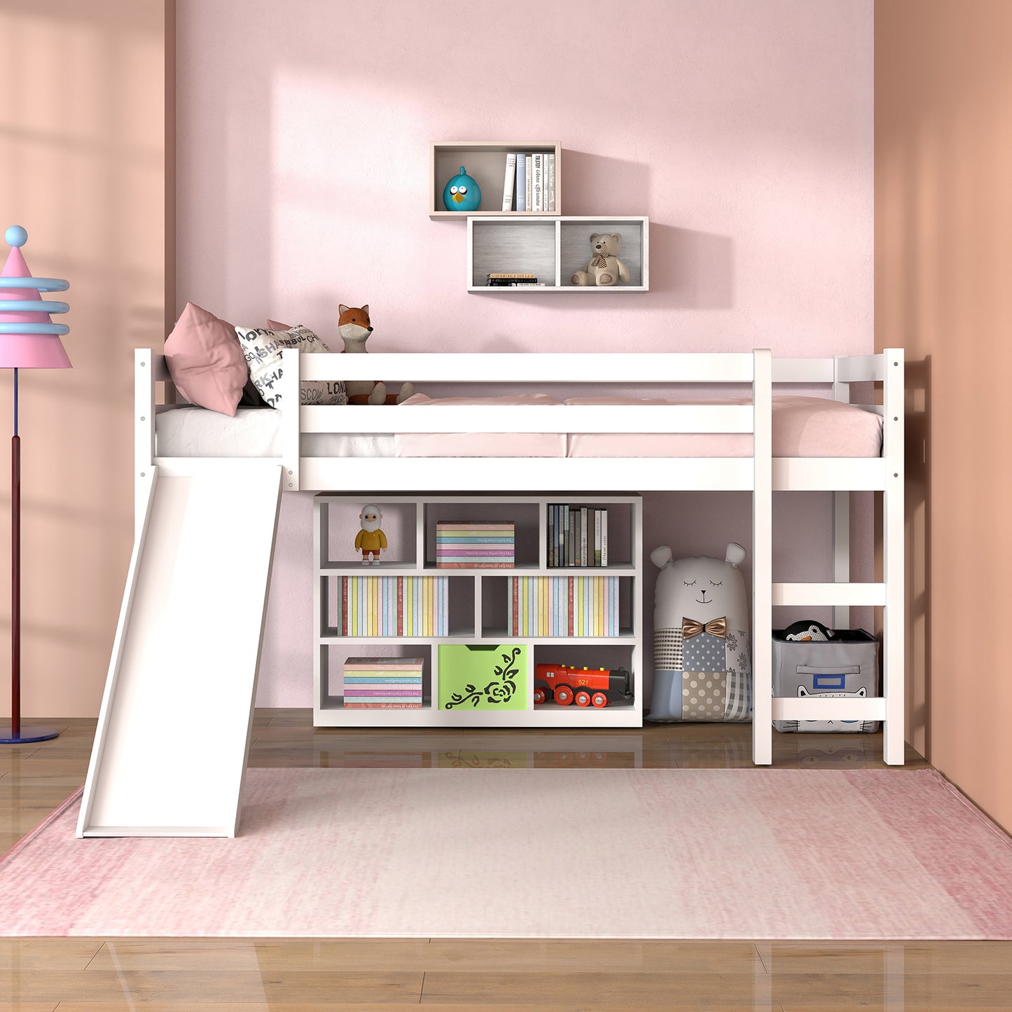 Sturdy Twin Size Wooden Loft Bed with Slide - White