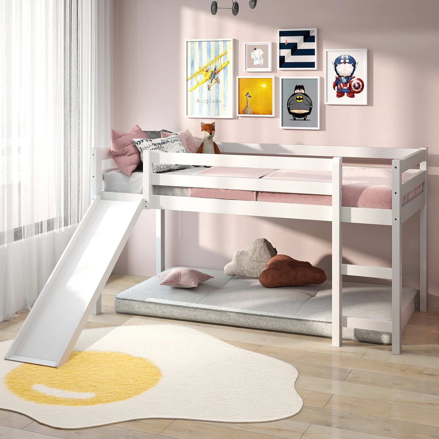 Sturdy Twin Size Wooden Loft Bed with Slide - White