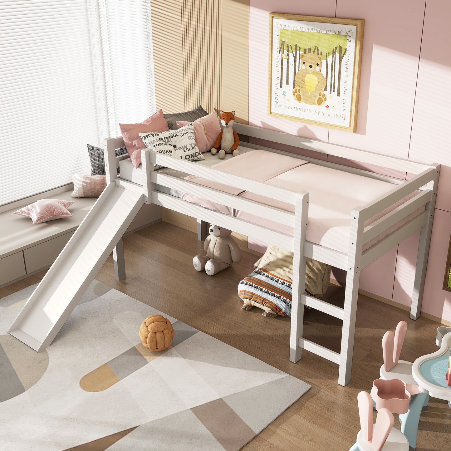 Sturdy Twin Size Wooden Loft Bed with Slide - White