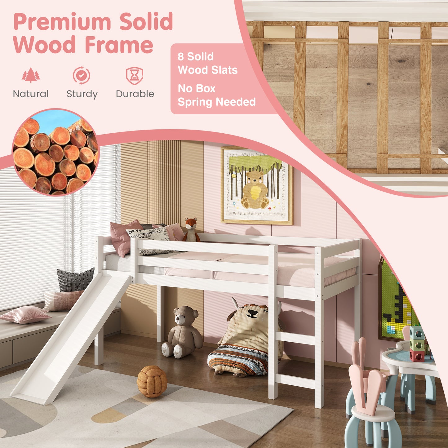 Sturdy Twin Size Wooden Loft Bed with Slide - White