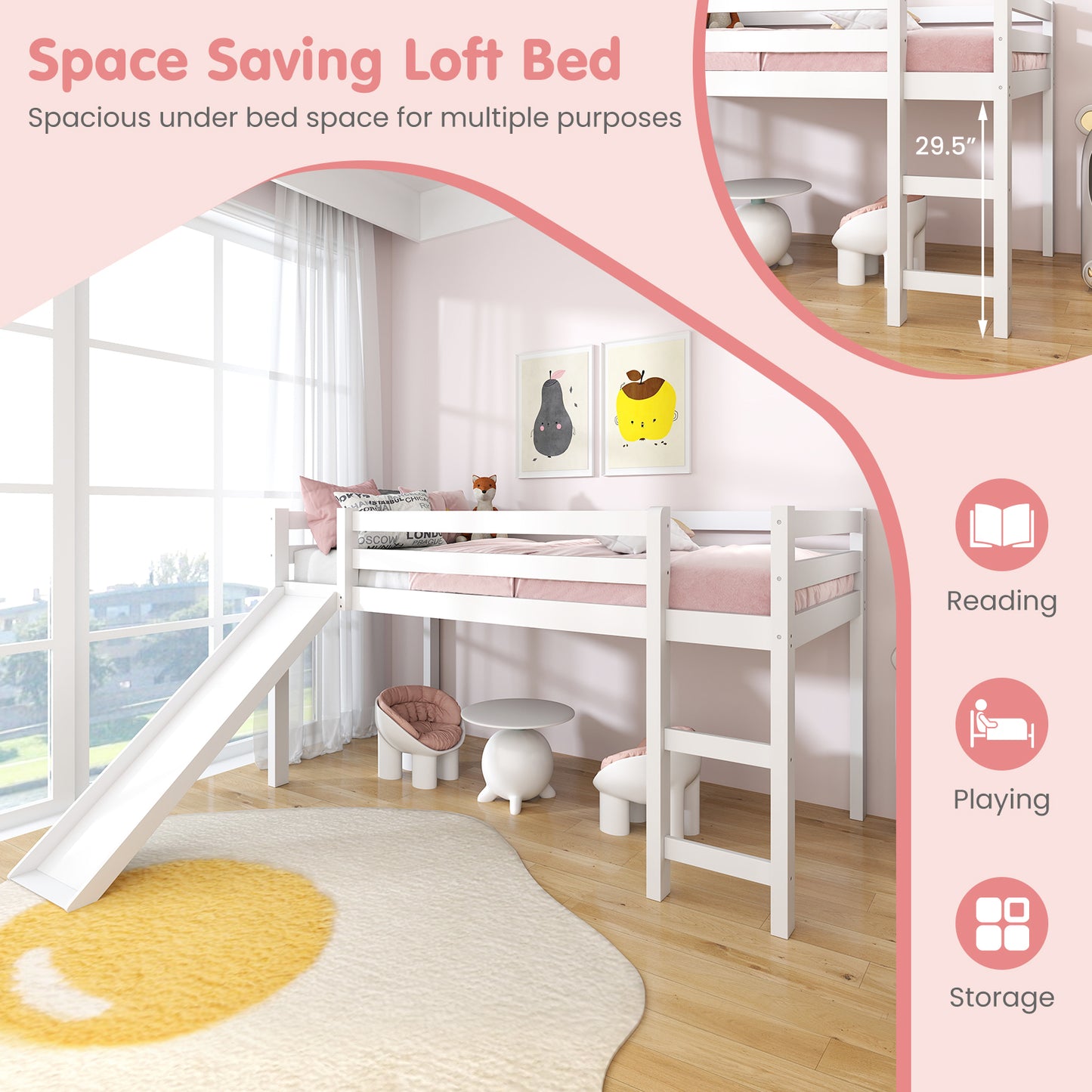 Sturdy Twin Size Wooden Loft Bed with Slide - White