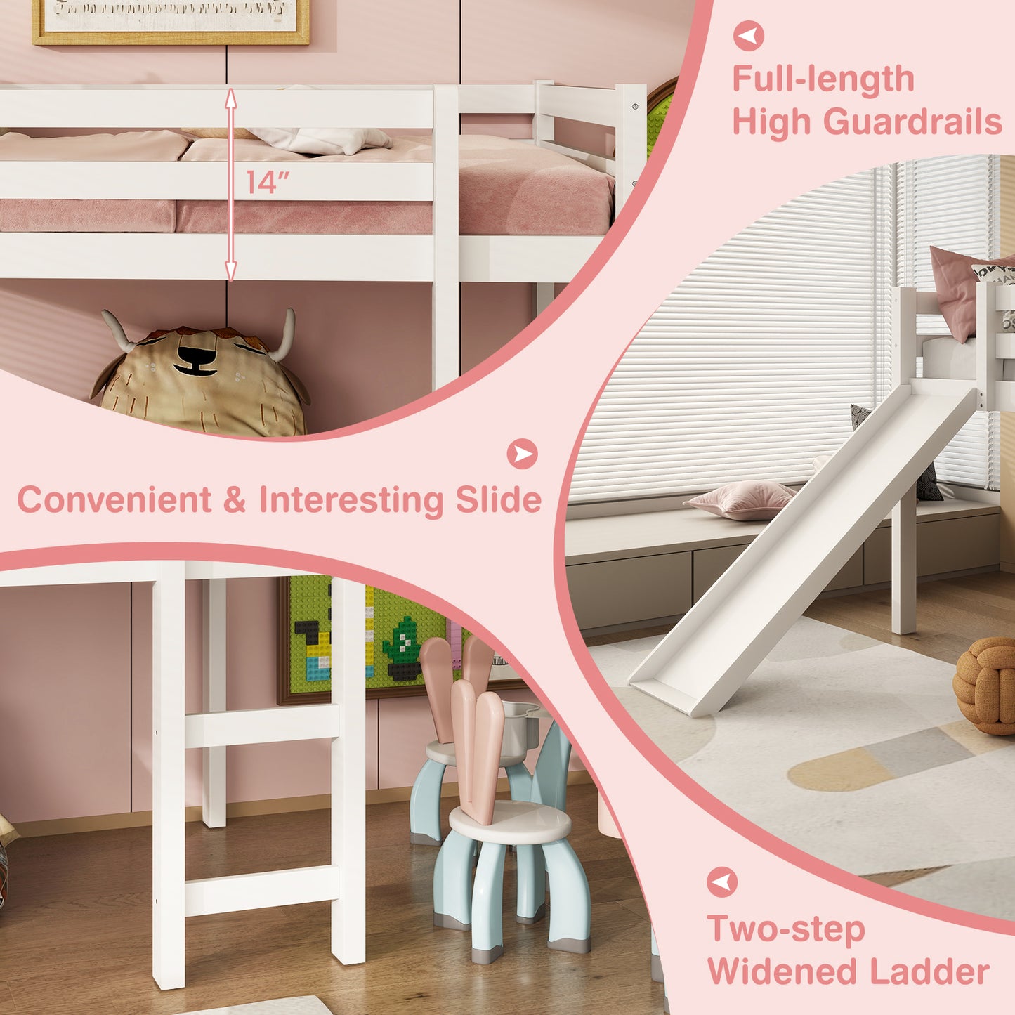 Sturdy Twin Size Wooden Loft Bed with Slide - White