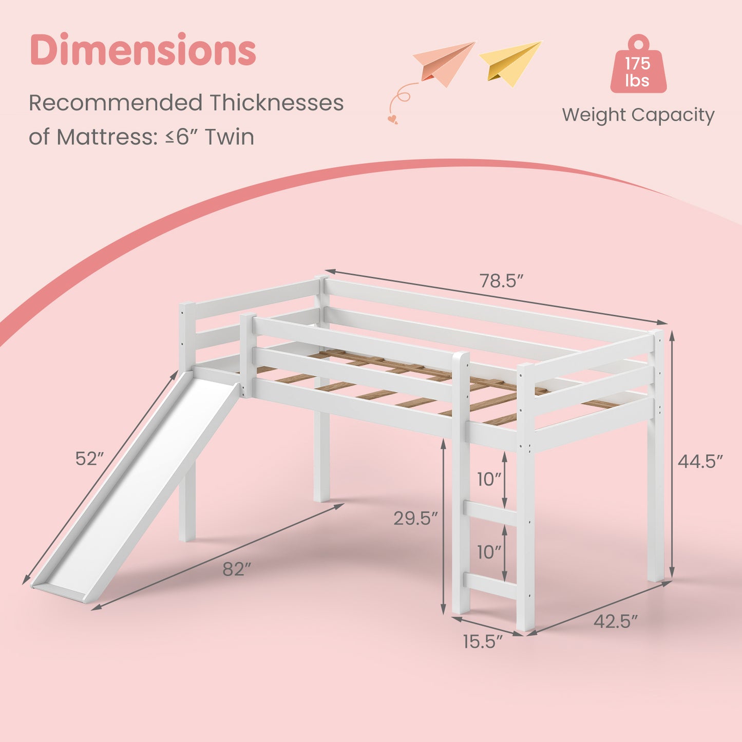 Sturdy Twin Size Wooden Loft Bed with Slide - White