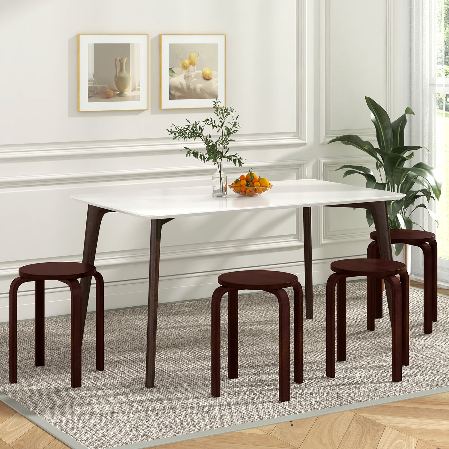 Set of 4 Stackable 18-Inch Bentwood Dining Stools with Round Seat - Dark Brown Finish