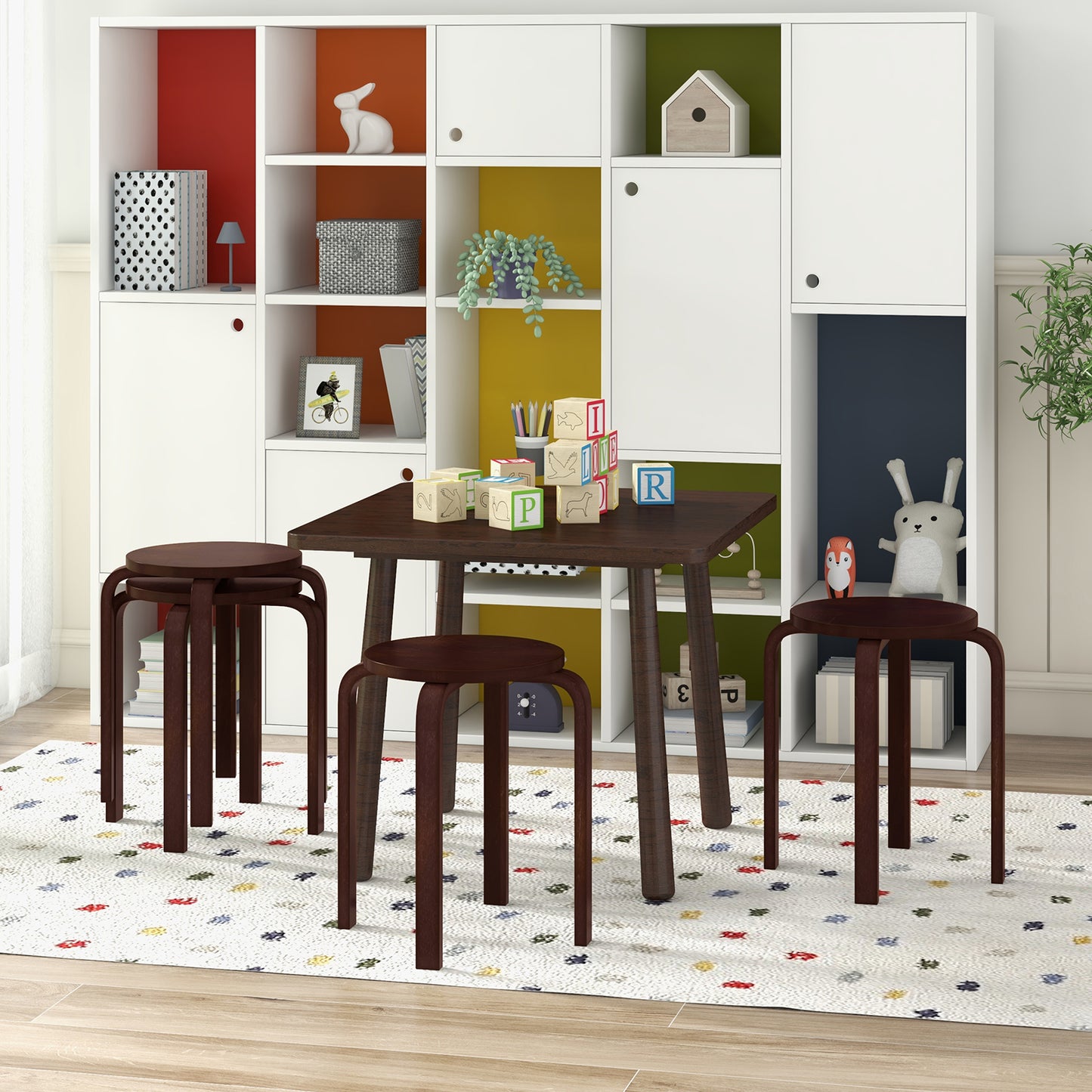 Set of 4 Stackable 18-Inch Bentwood Dining Stools with Round Seat - Dark Brown Finish