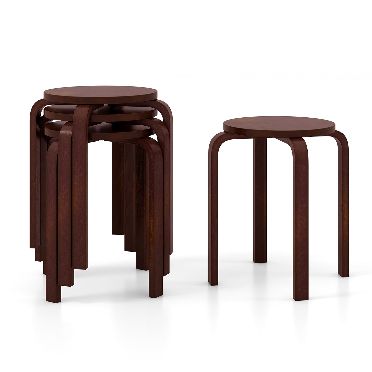 Set of 4 Stackable 18-Inch Bentwood Dining Stools with Round Seat - Dark Brown Finish