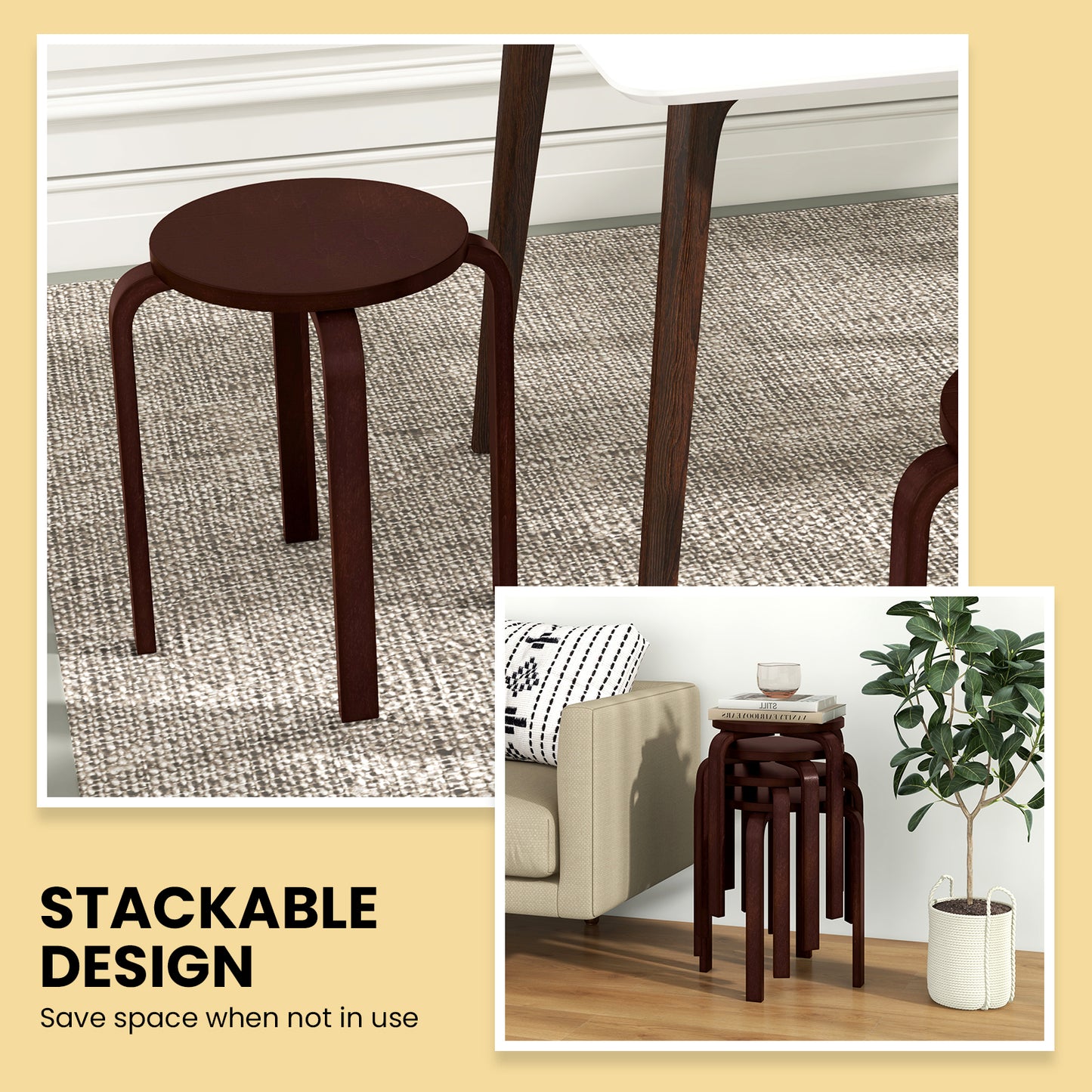 Set of 4 Stackable 18-Inch Bentwood Dining Stools with Round Seat - Dark Brown Finish