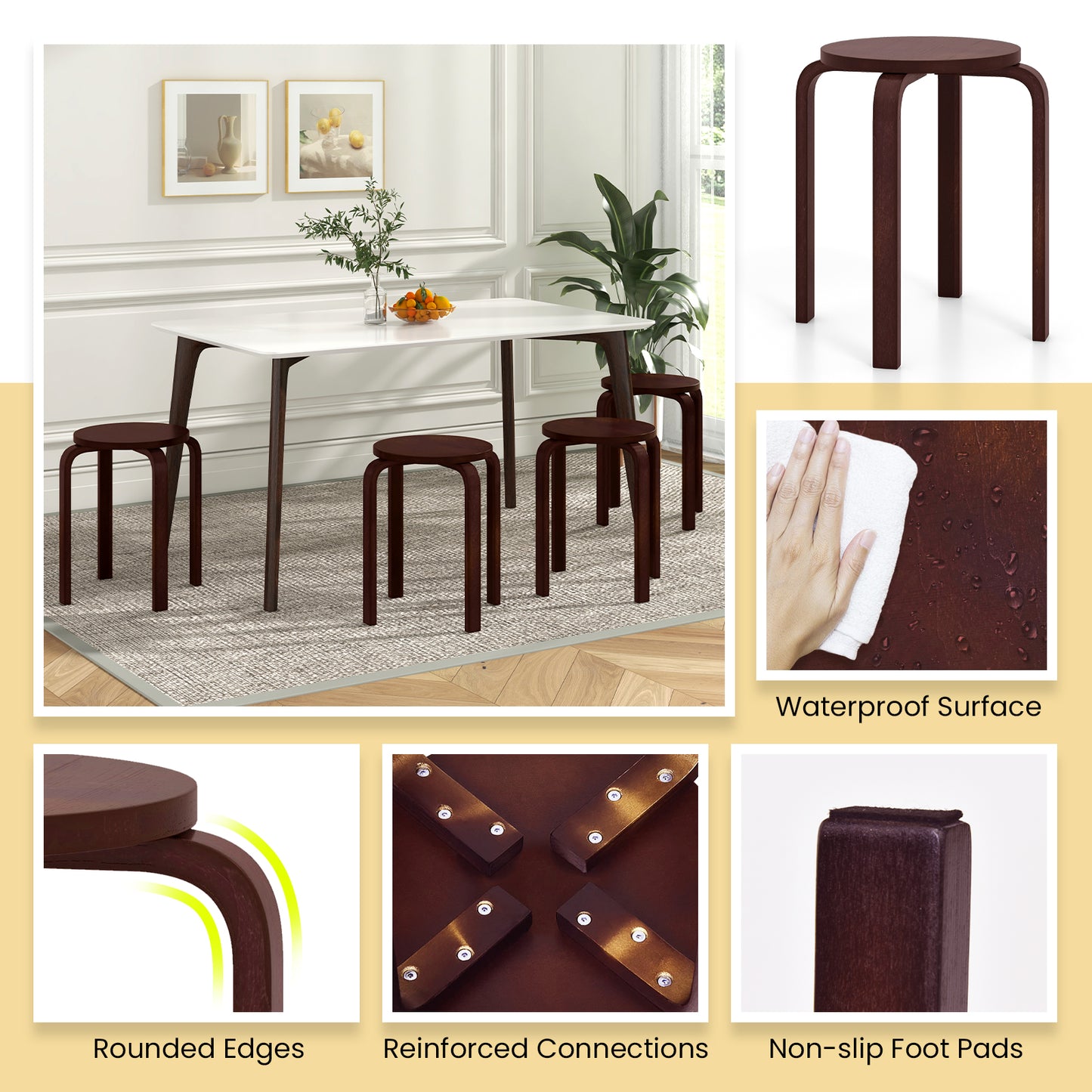 Set of 4 Stackable 18-Inch Bentwood Dining Stools with Round Seat - Dark Brown Finish