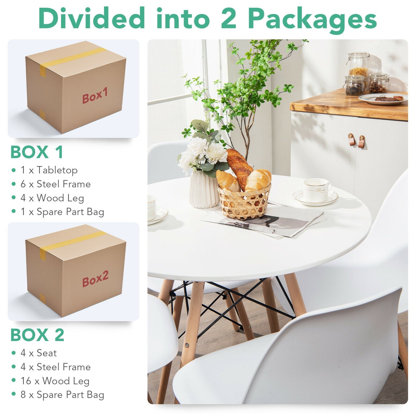 5 Piece Dining Set with Solid Wood Legs in White for Modern Kitchens