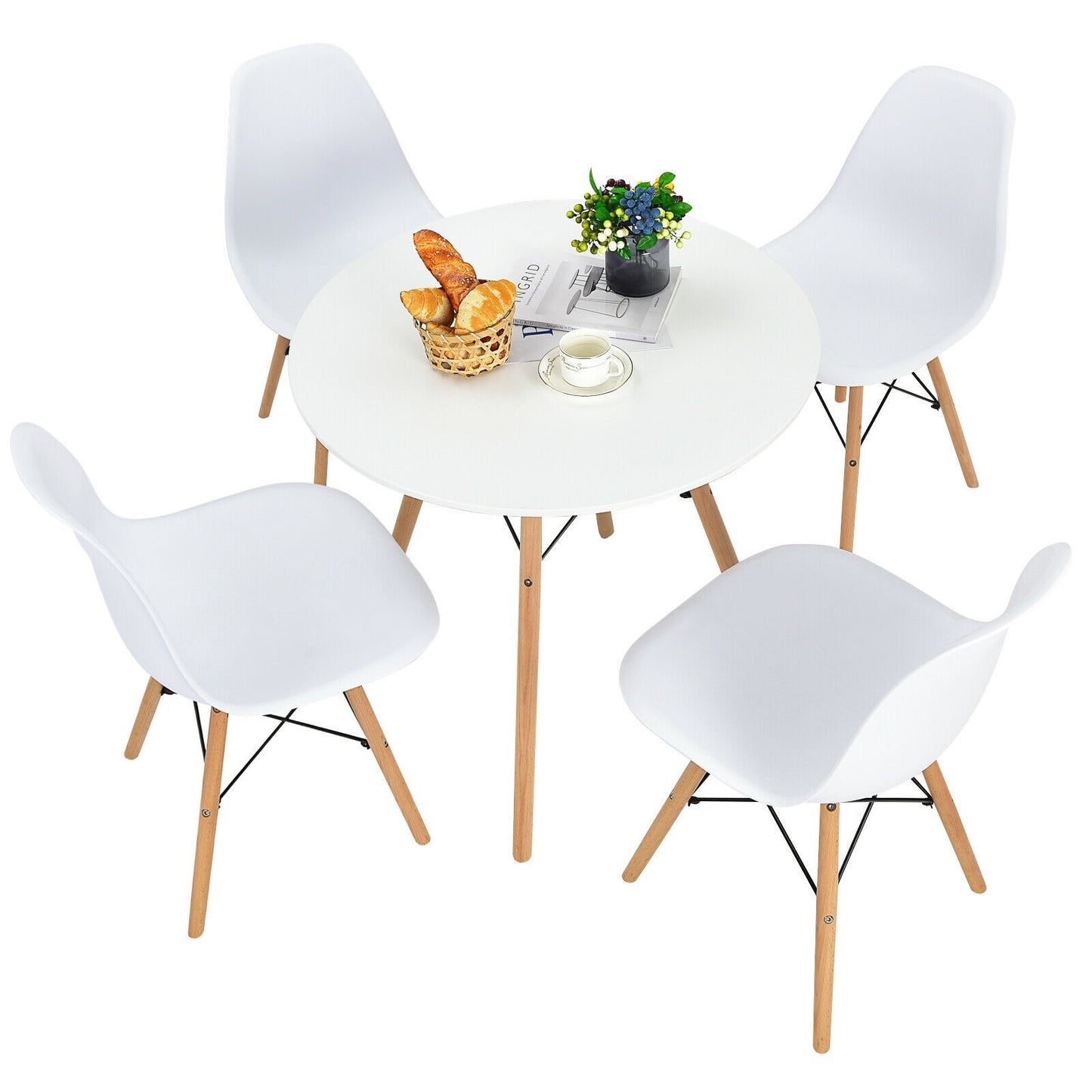 5 Piece Dining Set with Solid Wood Legs in White for Modern Kitchens