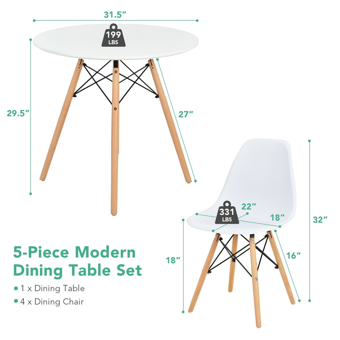 5 Piece Dining Set with Solid Wood Legs in White for Modern Kitchens