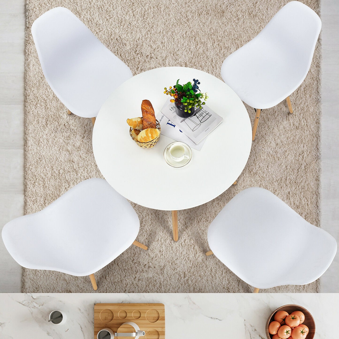 5 Piece Dining Set with Solid Wood Legs in White for Modern Kitchens