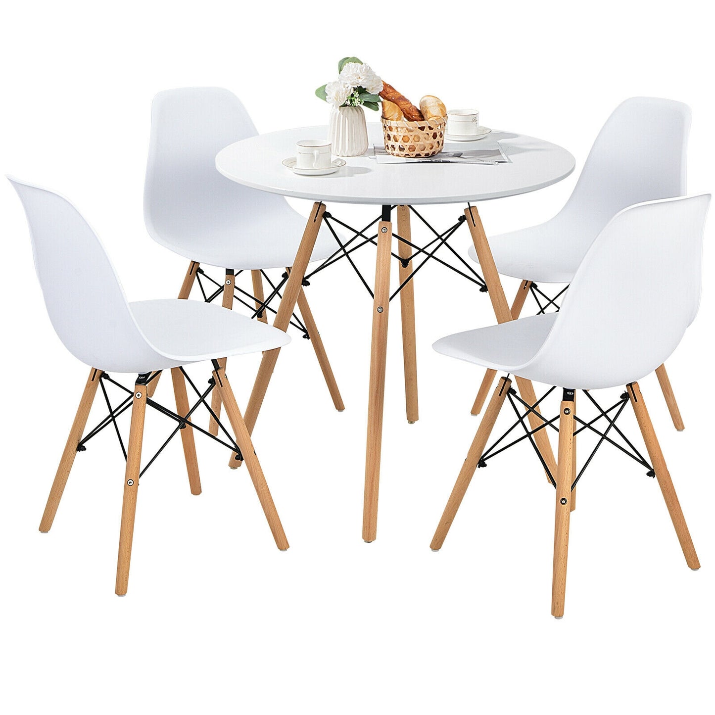 5 Piece Dining Set with Solid Wood Legs in White for Modern Kitchens