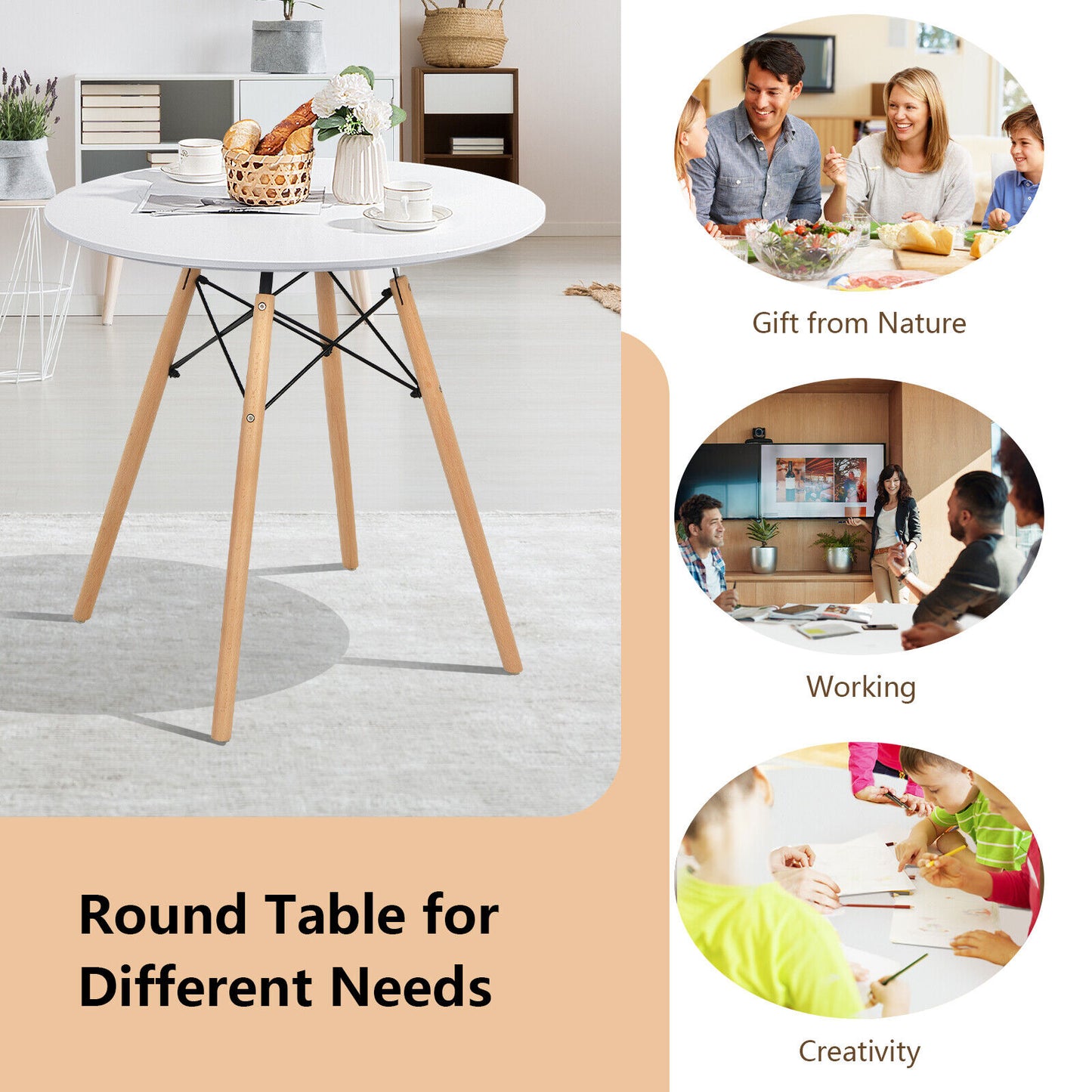 Contemporary White Round Table with Natural Wood Legs for Dining