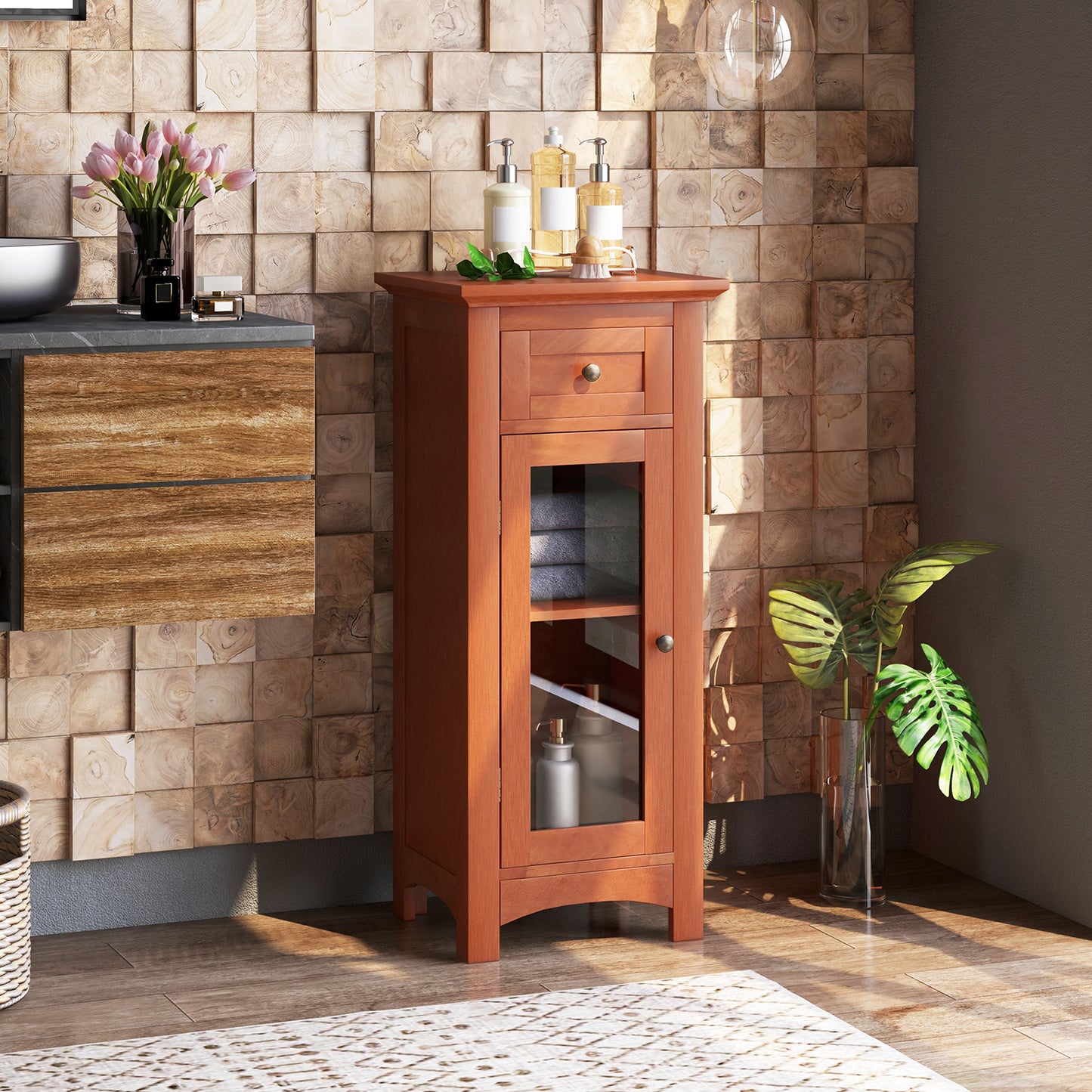 Modern Freestanding Bathroom Cabinet with Glass Door and Adjustable Storage