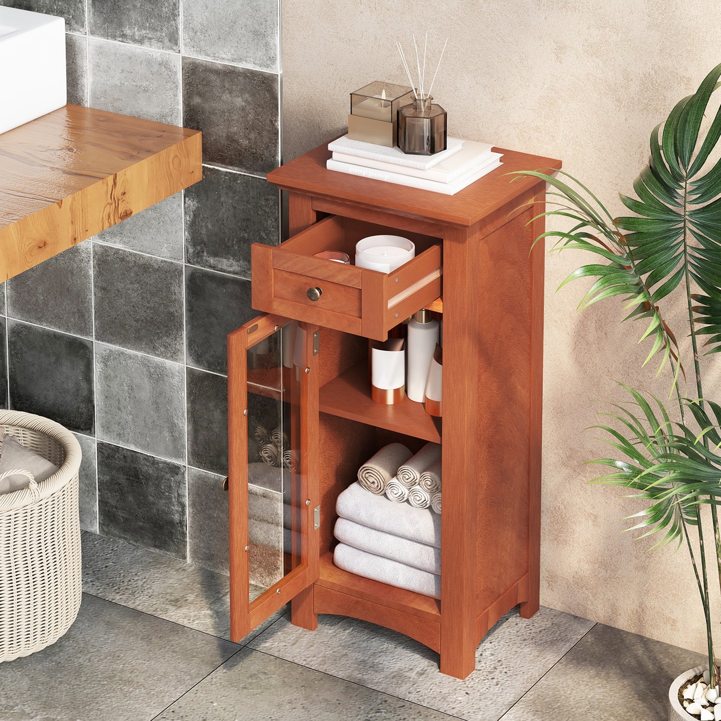 Modern Freestanding Bathroom Cabinet with Glass Door and Adjustable Storage