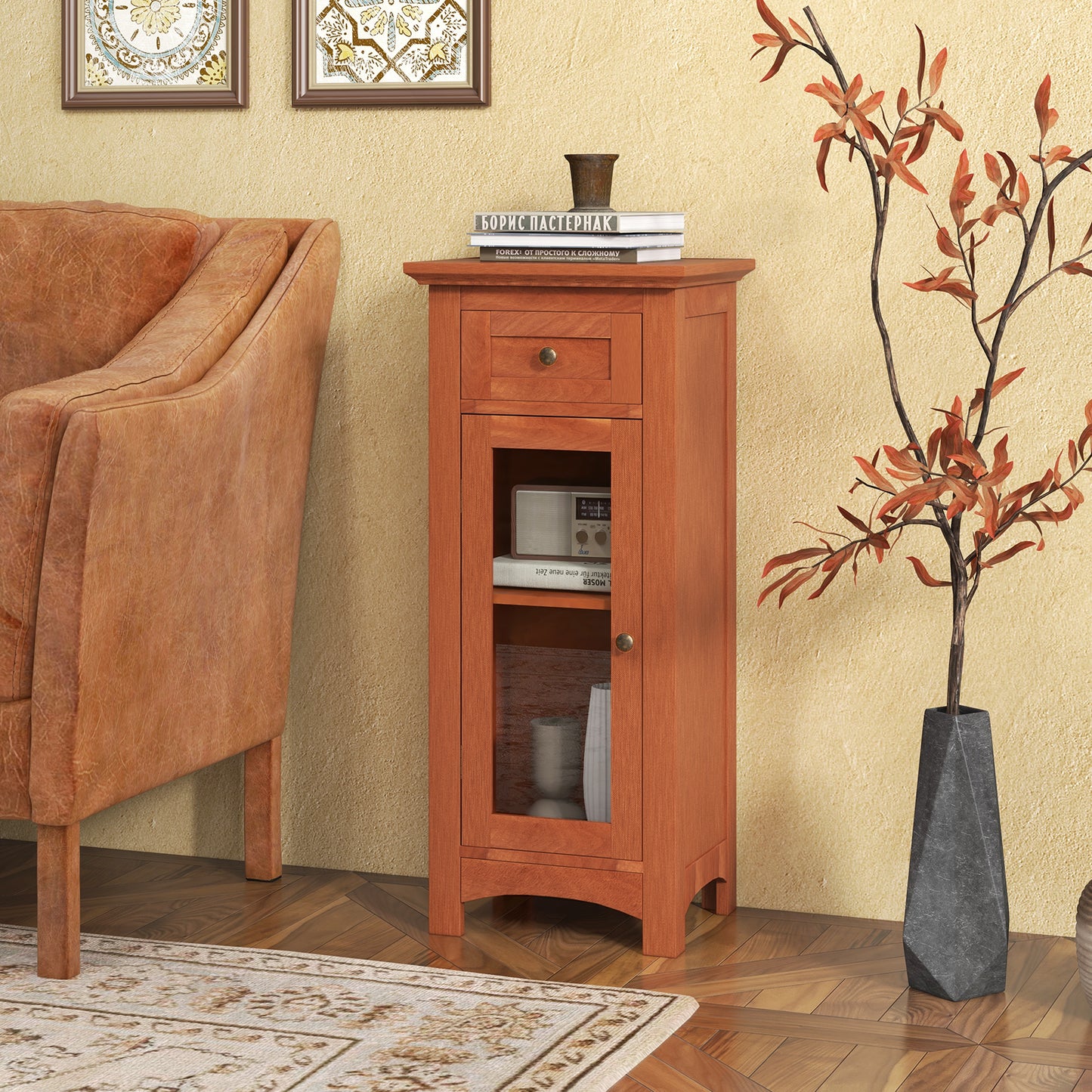 Modern Freestanding Bathroom Cabinet with Glass Door and Adjustable Storage