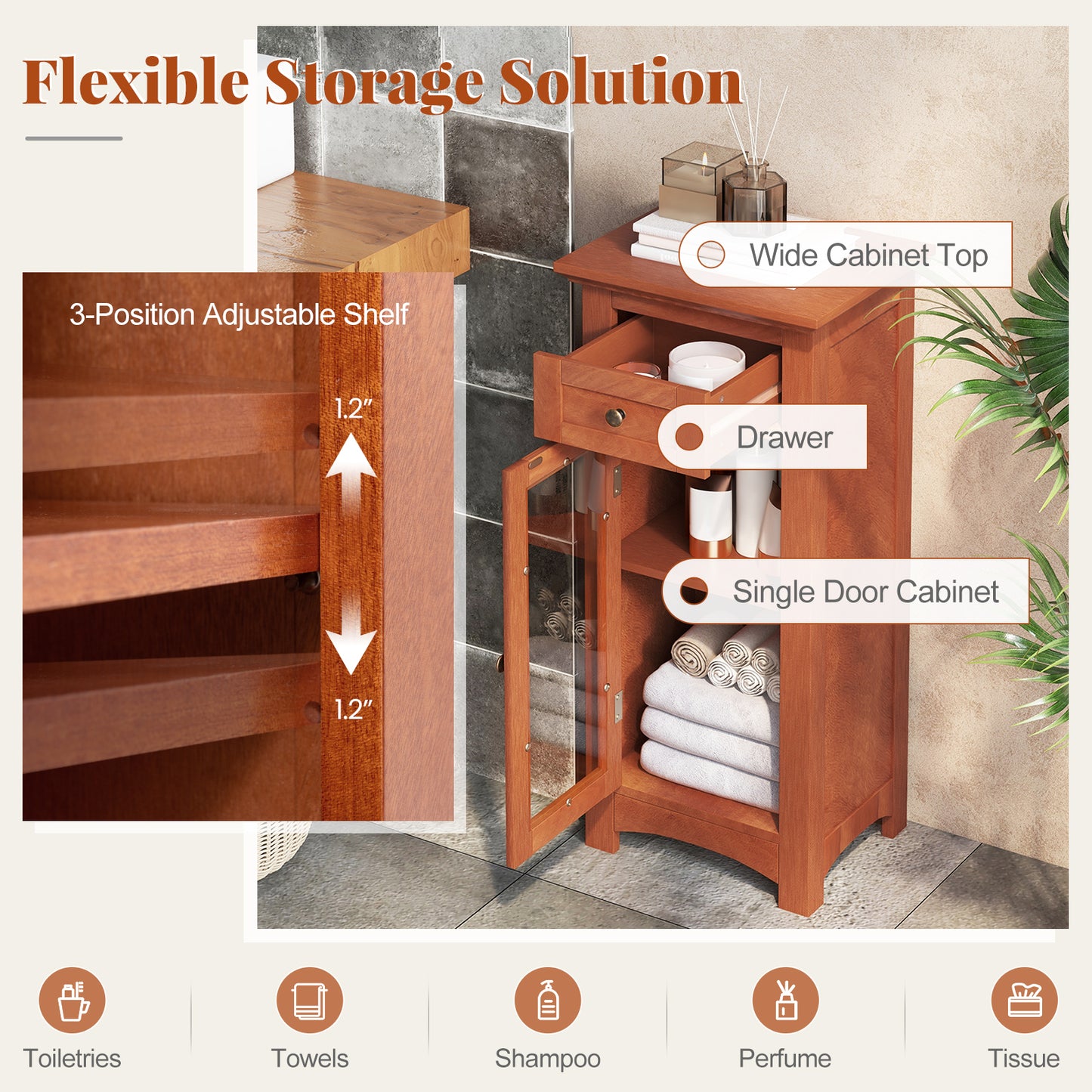 Modern Freestanding Bathroom Cabinet with Glass Door and Adjustable Storage