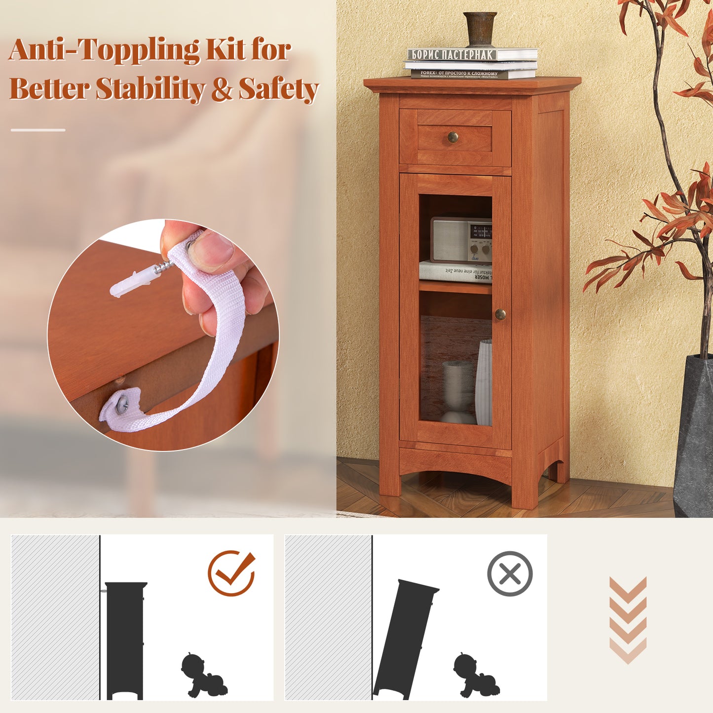 Modern Freestanding Bathroom Cabinet with Glass Door and Adjustable Storage