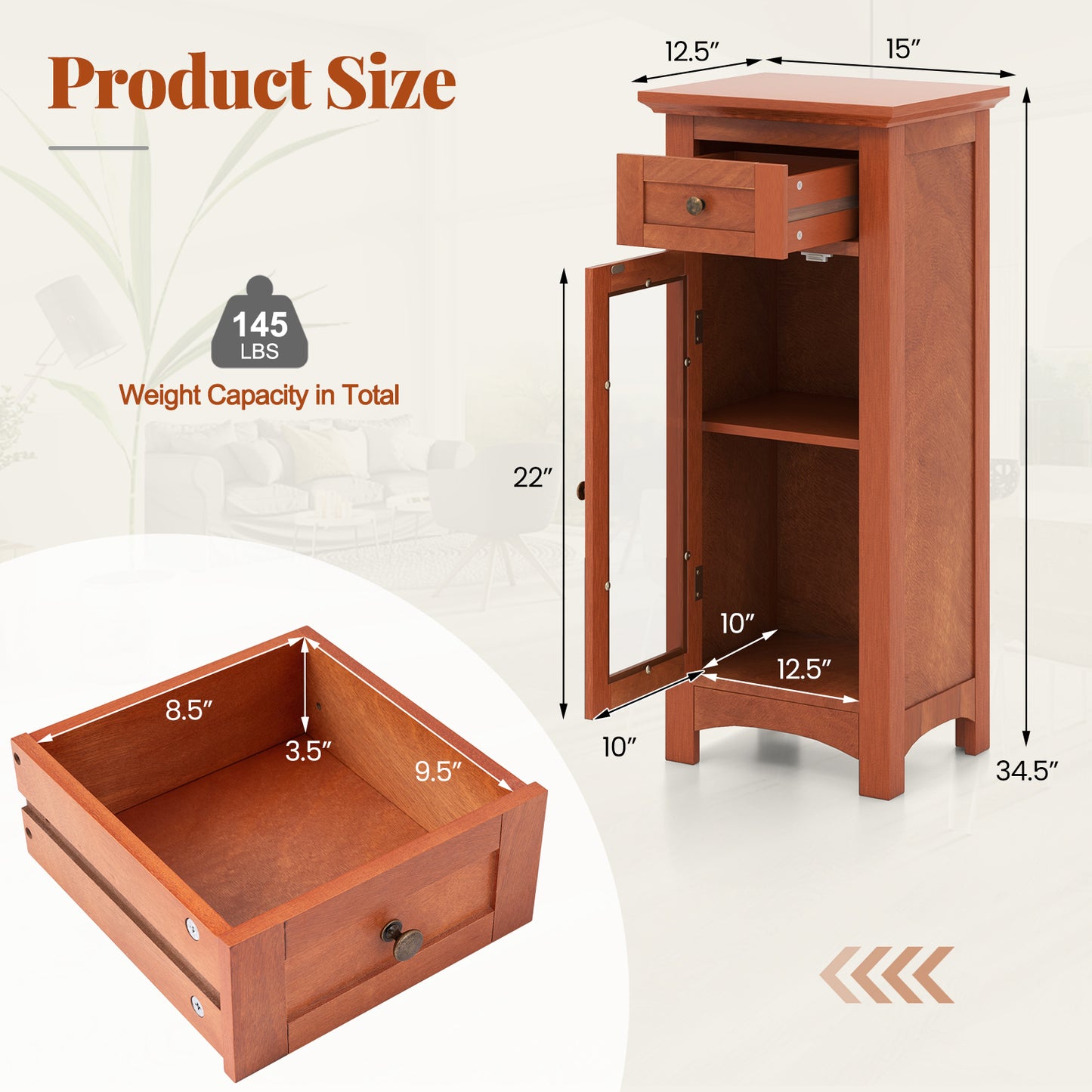Modern Freestanding Bathroom Cabinet with Glass Door and Adjustable Storage