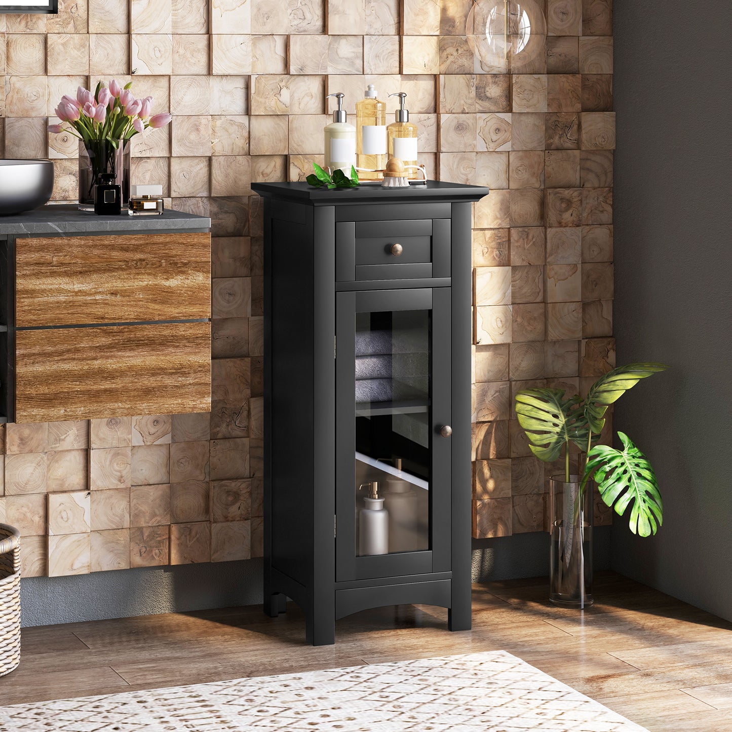 Modern Freestanding Bathroom Cabinet with Glass Door and Adjustable Storage