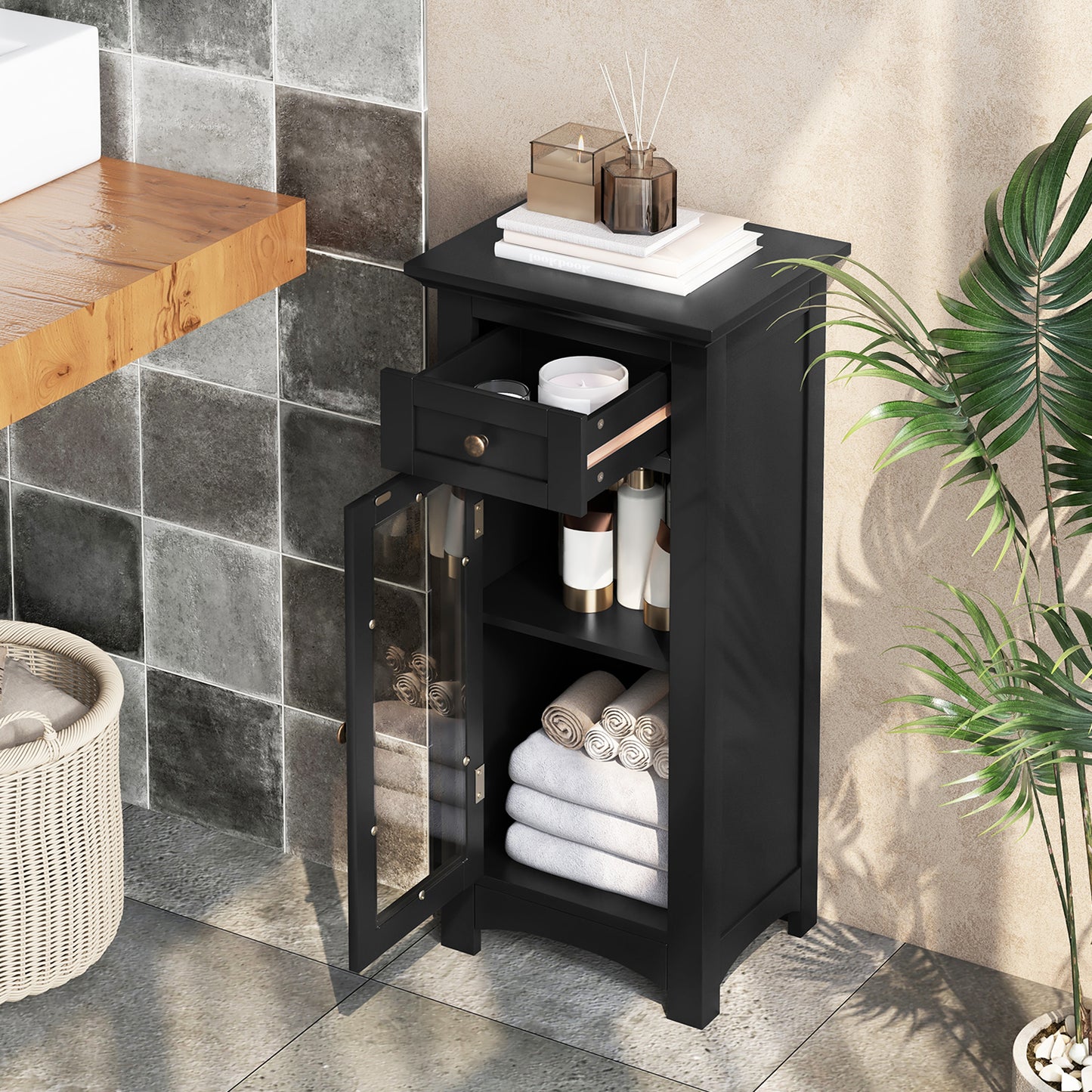 Modern Freestanding Bathroom Cabinet with Glass Door and Adjustable Storage