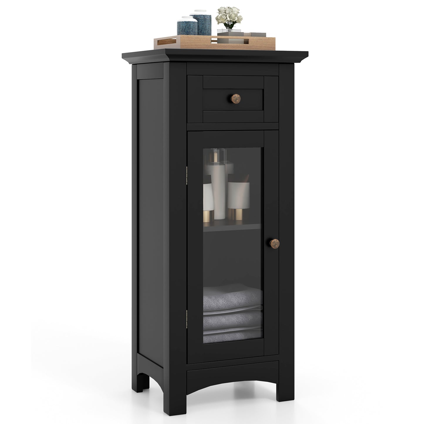 Modern Freestanding Bathroom Cabinet with Glass Door and Adjustable Storage
