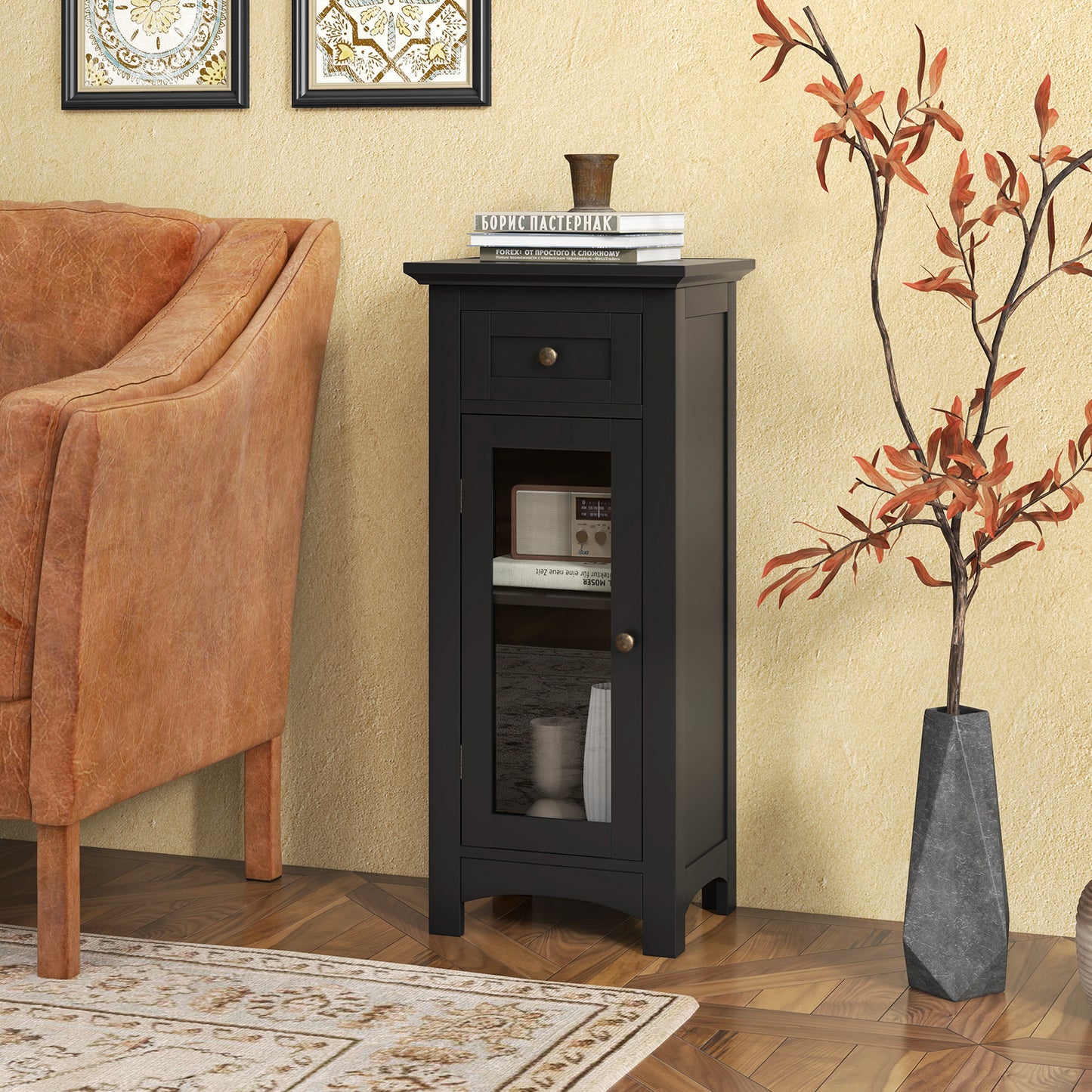 Modern Freestanding Bathroom Cabinet with Glass Door and Adjustable Storage