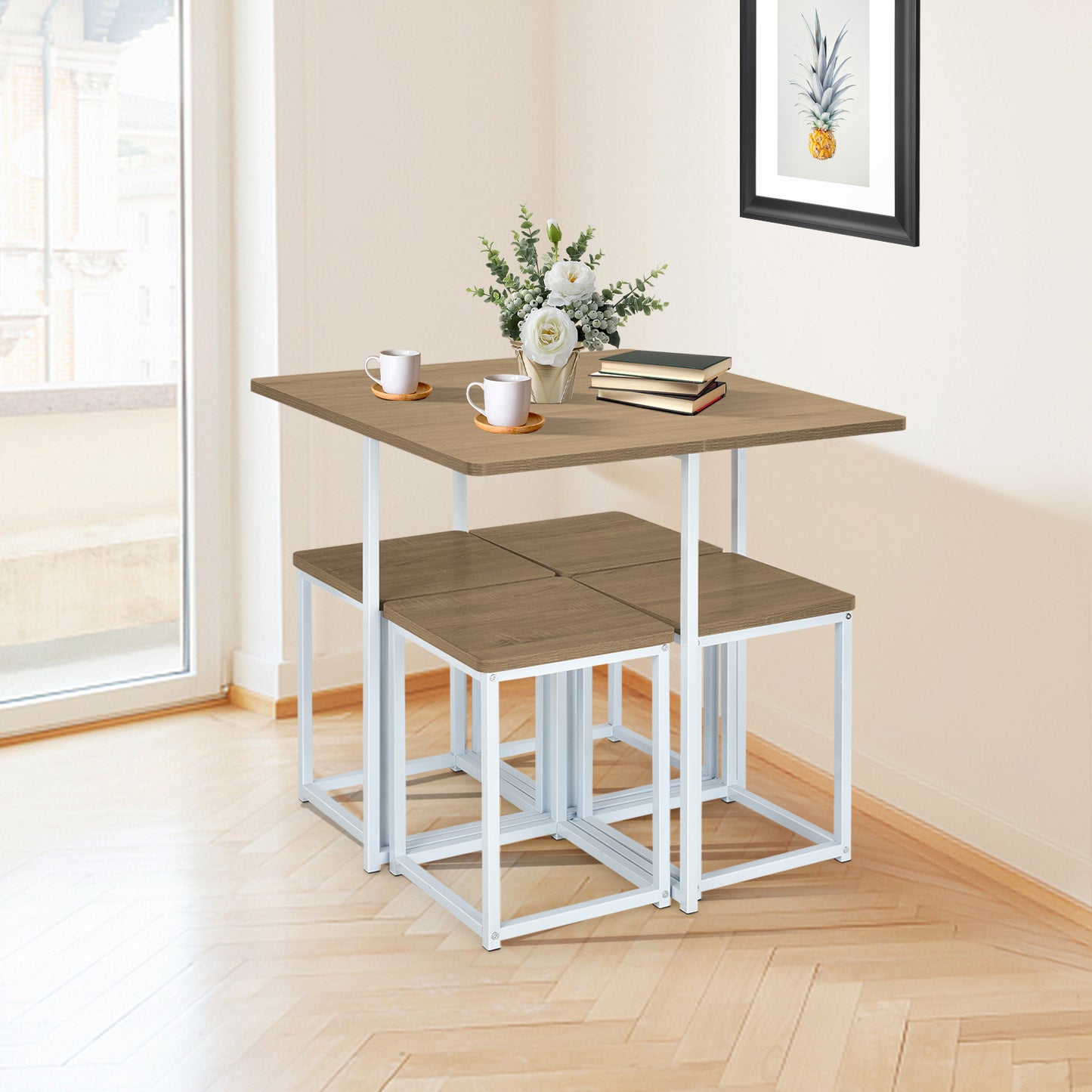5-Piece Dining Set with Metal Frame Table and 4 Stools Natural Wood Finish