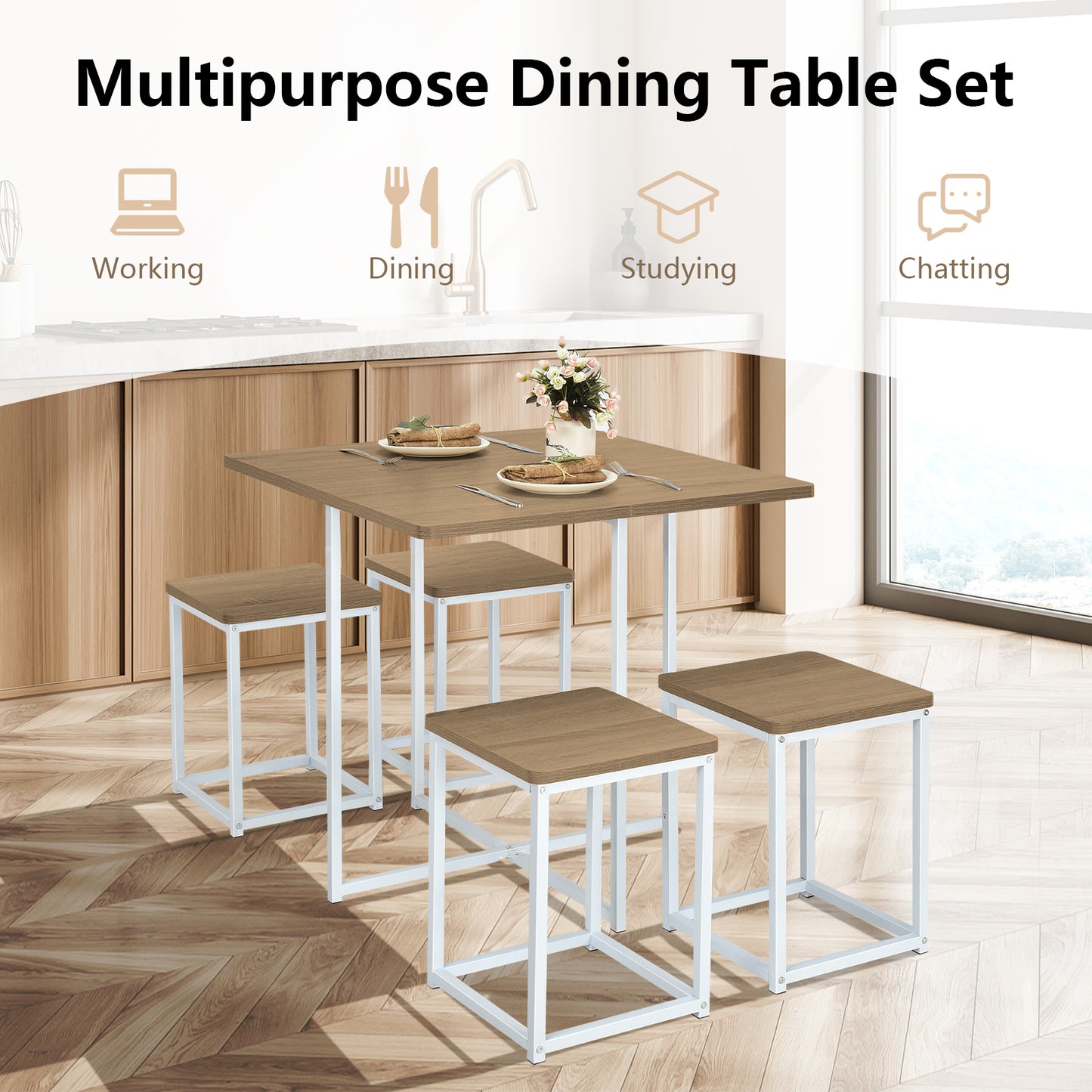 5-Piece Dining Set with Metal Frame Table and 4 Stools Natural Wood Finish